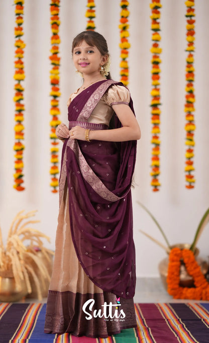 Kumaari Half Saree - Cream And Plum Kids-Suttis