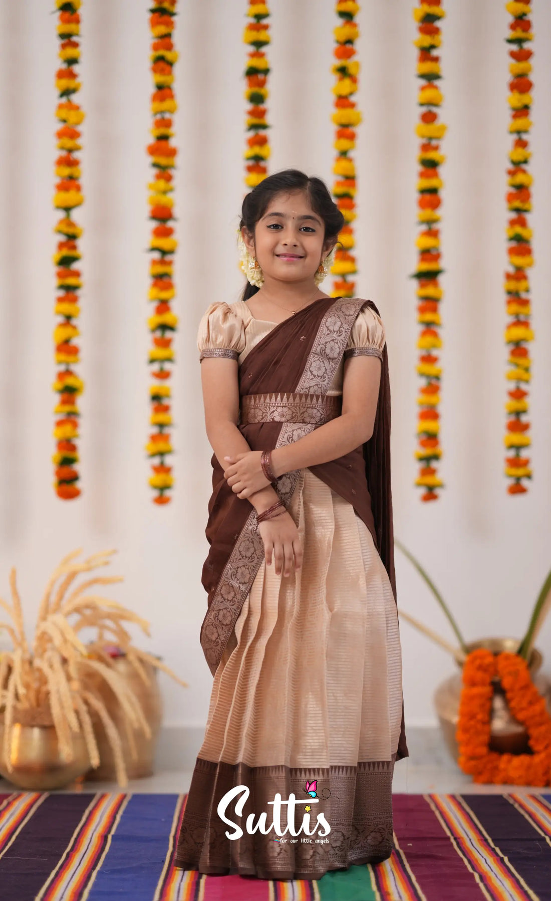 Kumaari Half Saree - Cream And Tone Of Brown Kids-Suttis