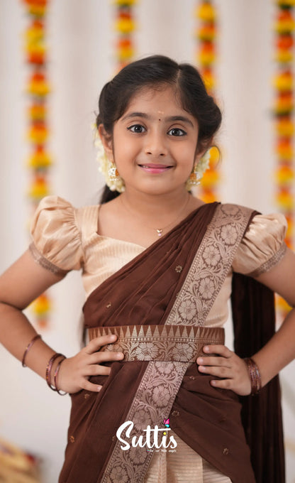 Kumaari Half Saree - Cream And Tone Of Brown Kids-Suttis