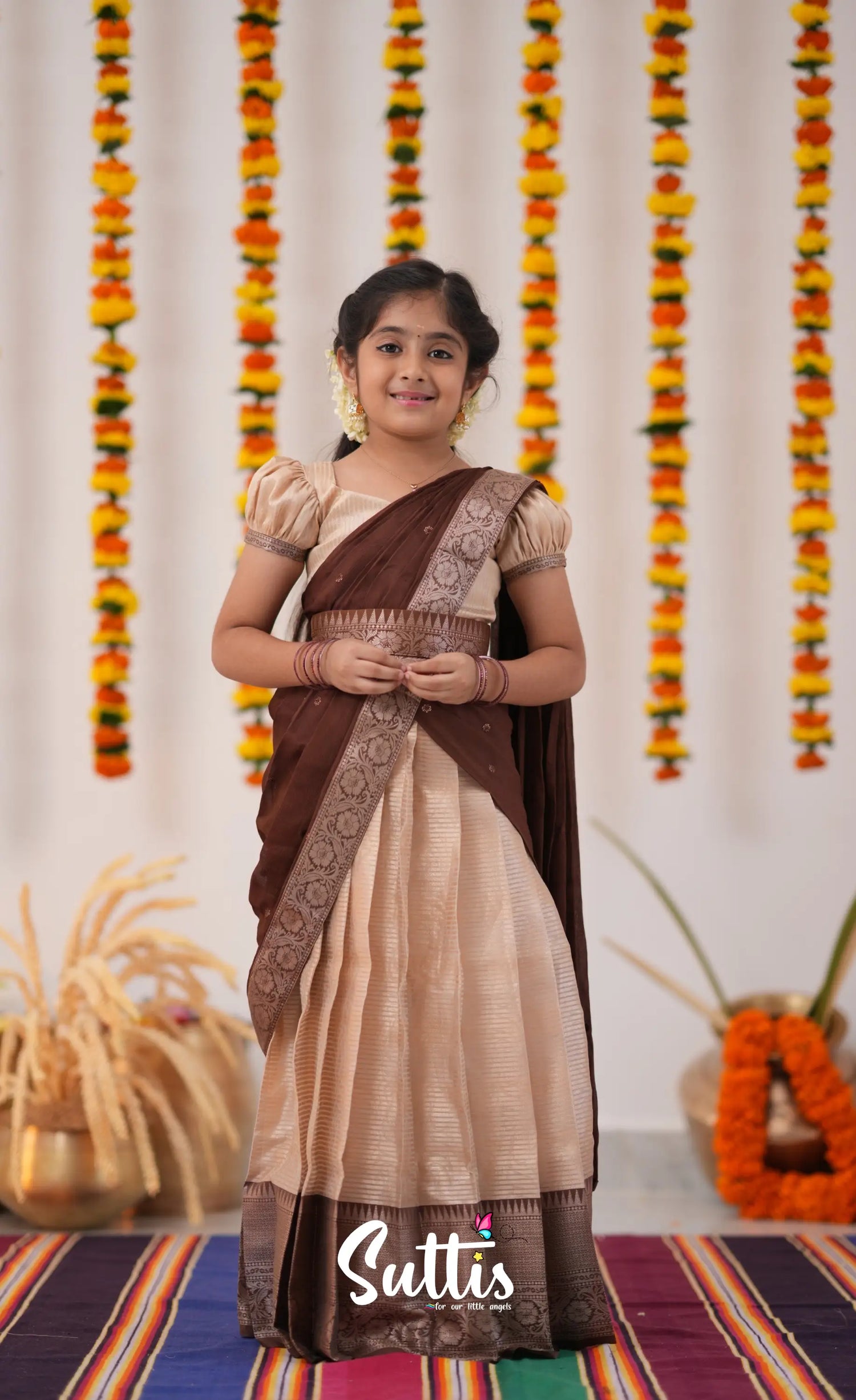 Kumaari Half Saree - Cream And Tone Of Brown Kids-Suttis