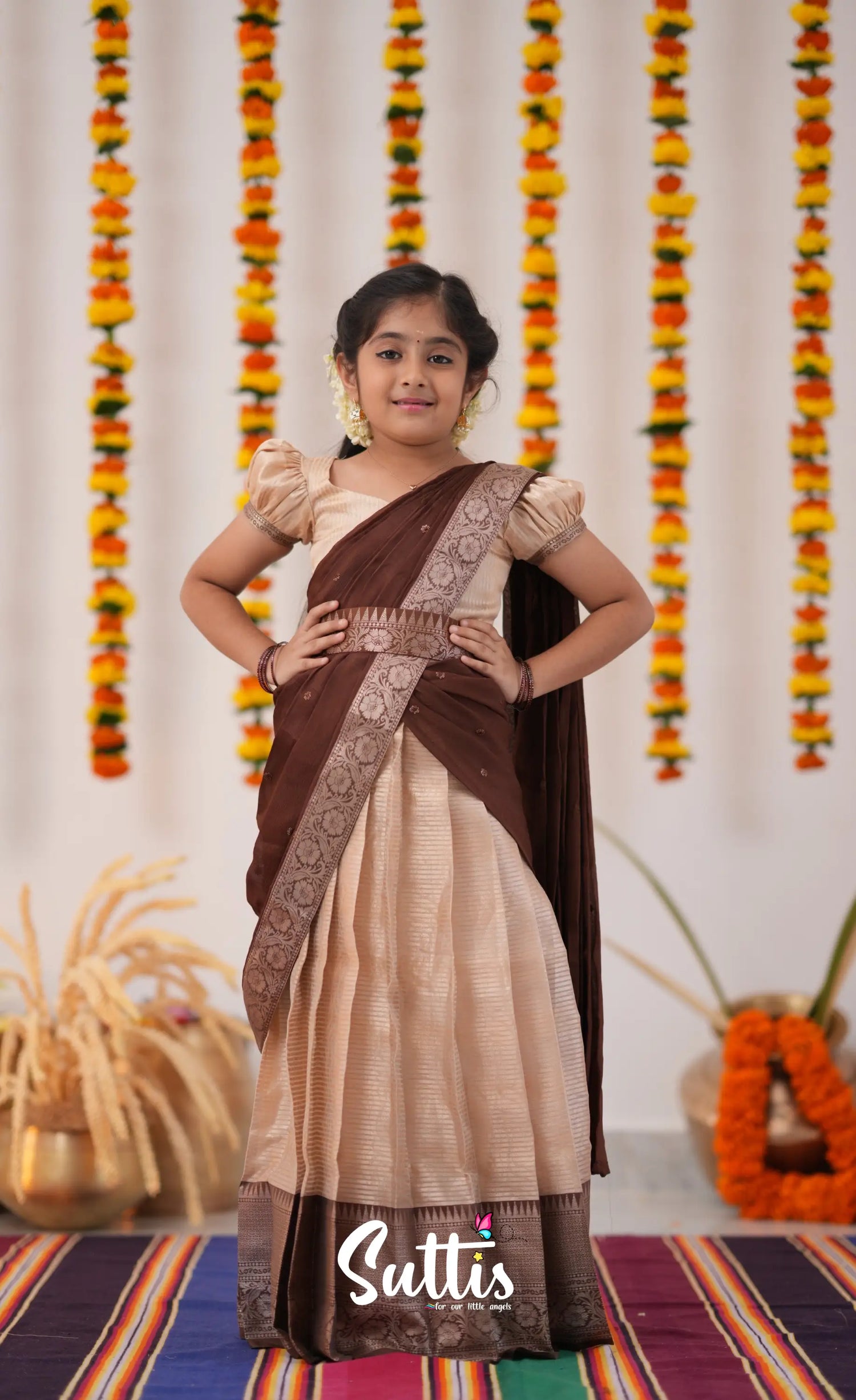 Kumaari Half Saree - Cream And Tone Of Brown Kids-Suttis