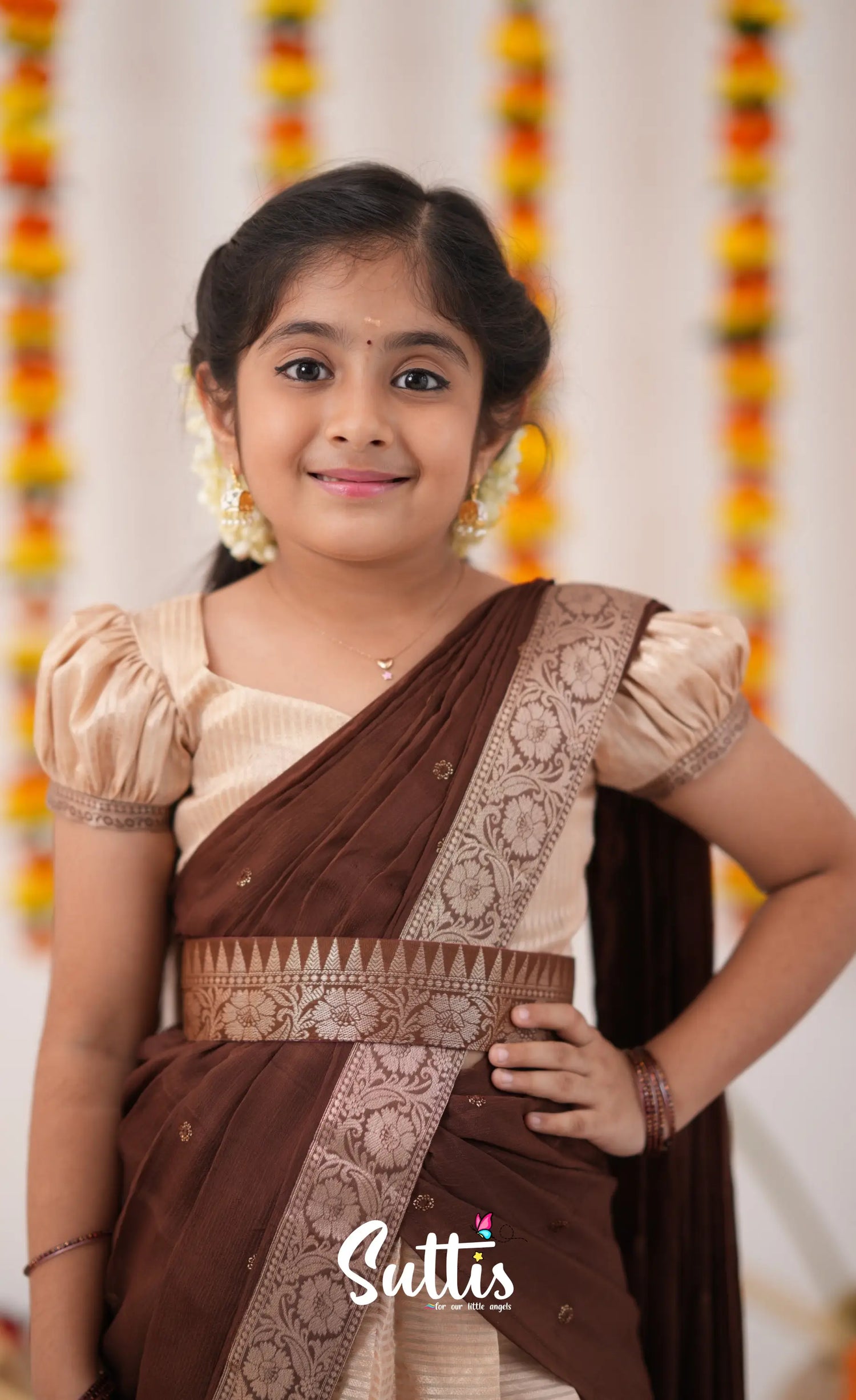 Kumaari Half Saree - Cream And Tone Of Brown Kids-Suttis