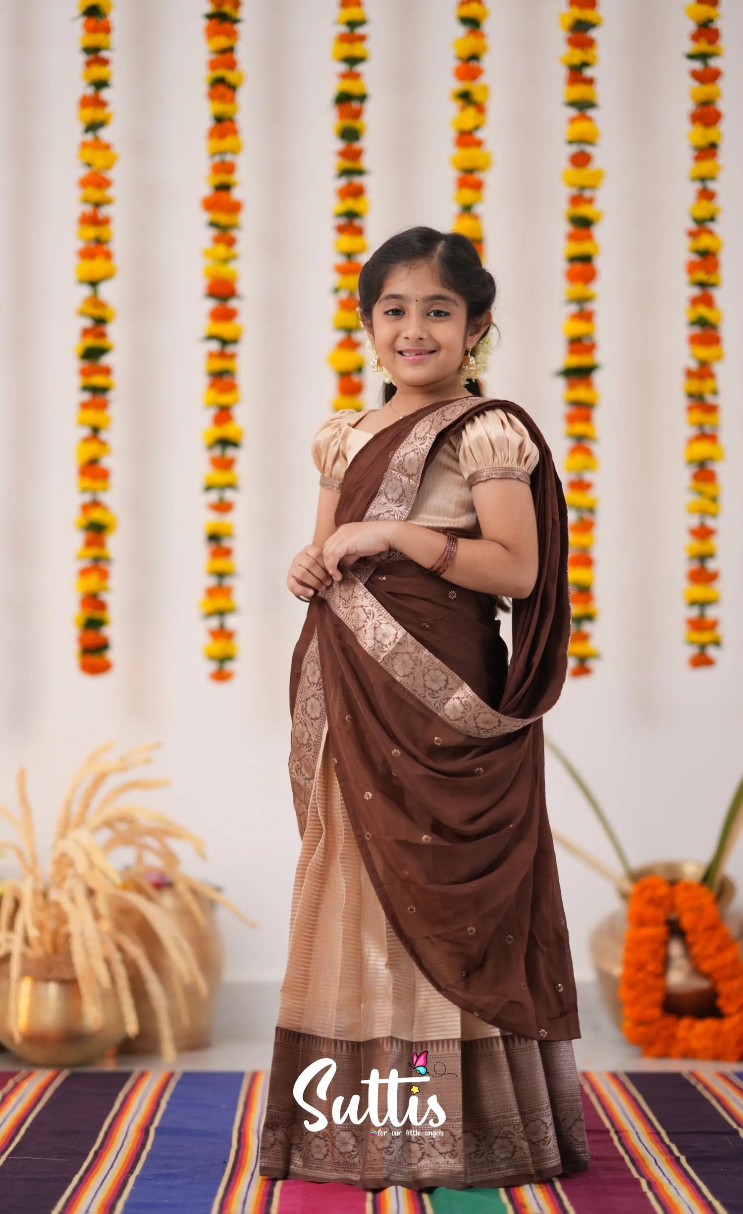 Kumaari Half Saree - Cream And Tone Of Brown Kids-Suttis