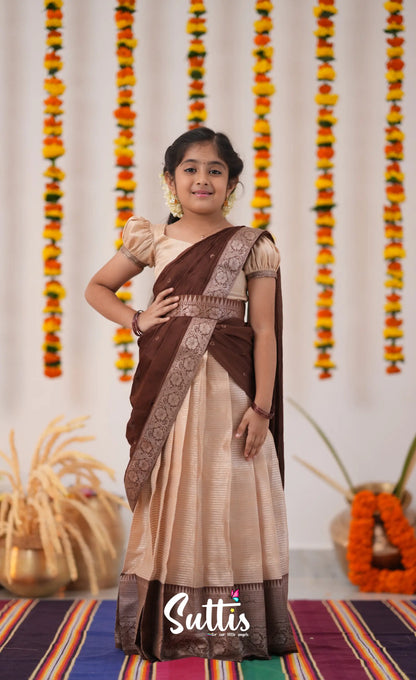 Kumaari Half Saree - Cream And Tone Of Brown Kids-Suttis