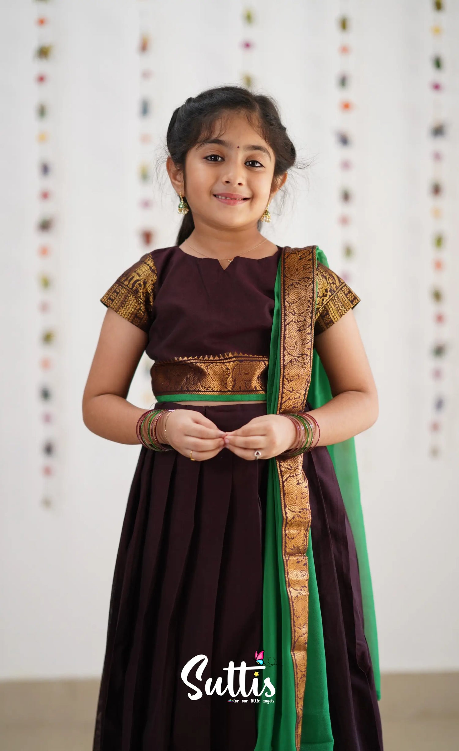 Kumaari Half Saree - Dark Brown &amp; Green Kids-Suttis