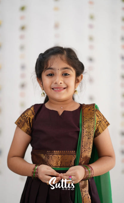 Kumaari Half Saree - Dark Brown &amp; Green Kids-Suttis