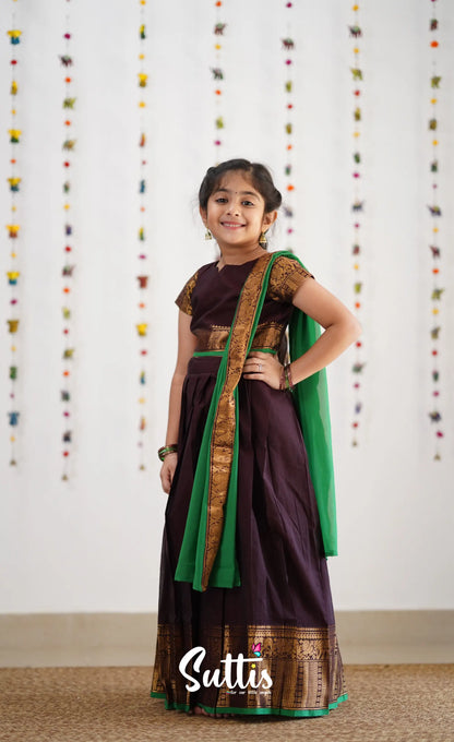 Kumaari Half Saree - Dark Brown &amp; Green Kids-Suttis