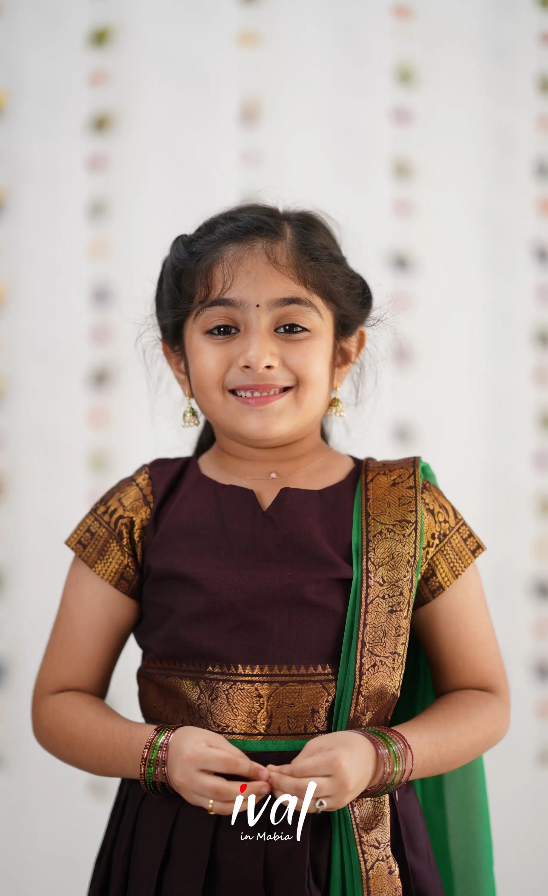 Kumaari Half Saree - Dark Brown &amp; Green Kids-Suttis