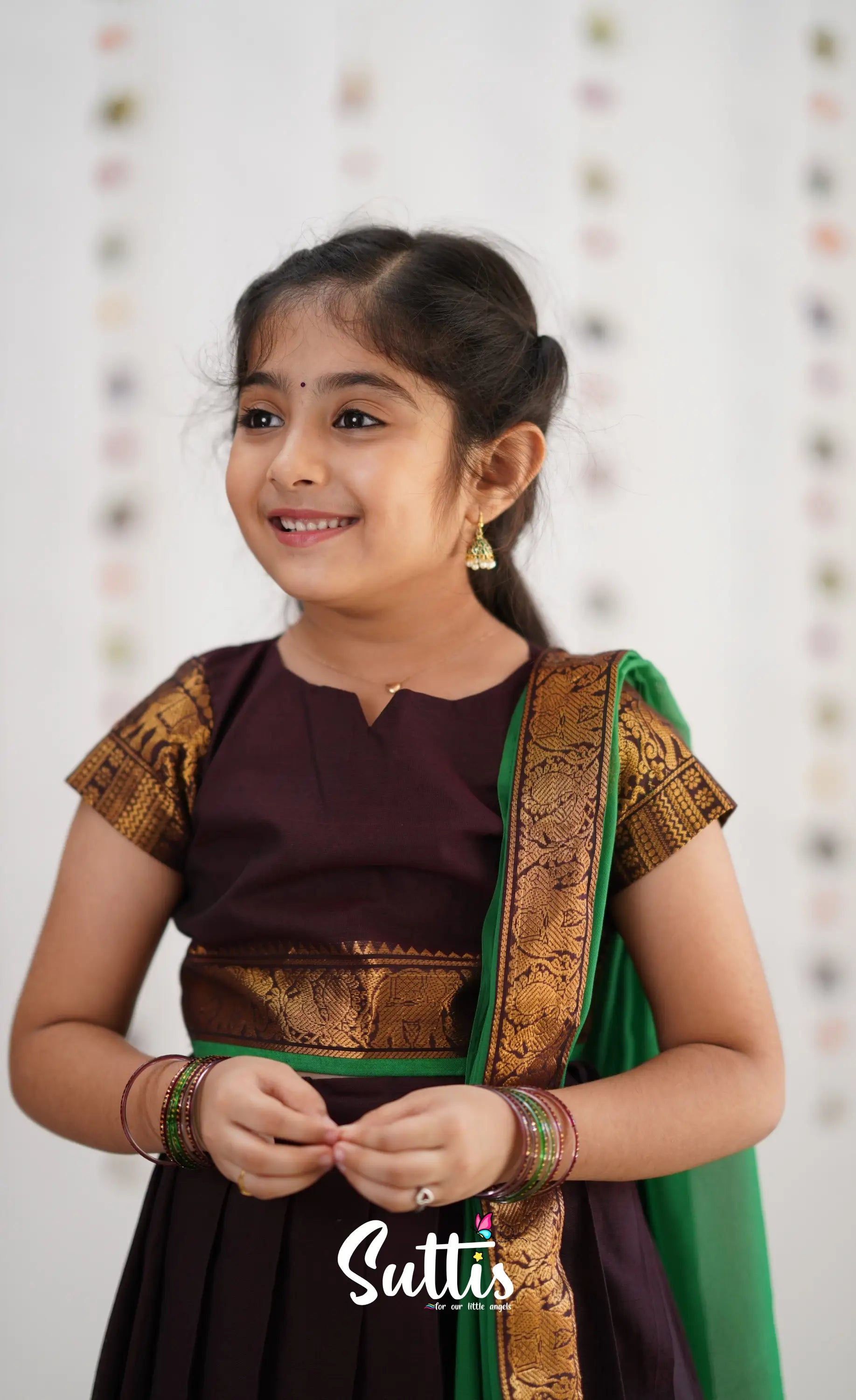 Kumaari Half Saree - Dark Brown &amp; Green Kids-Suttis