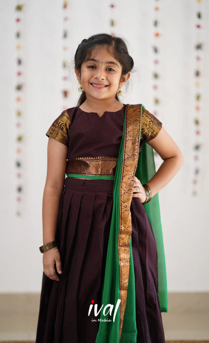 Kumaari Half Saree - Dark Brown &amp; Green Kids-Suttis