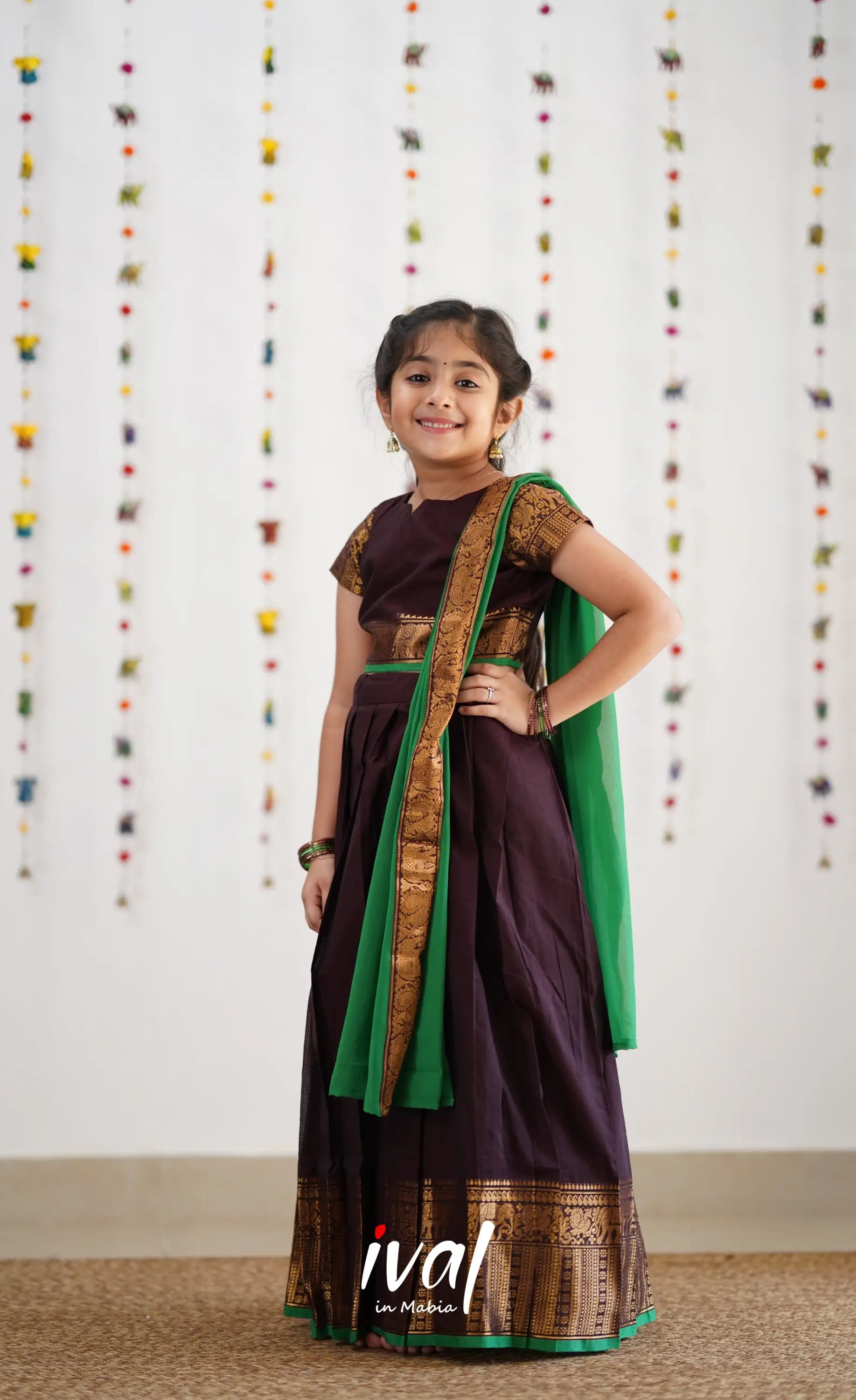 Kumaari Half Saree - Dark Brown &amp; Green Kids-Suttis