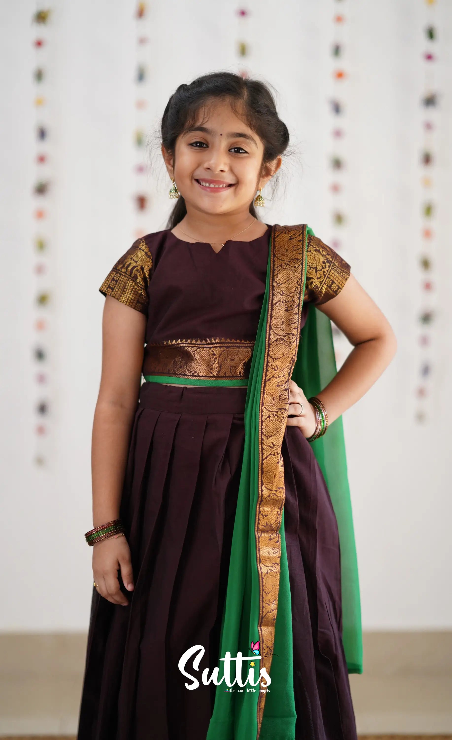 Kumaari Half Saree - Dark Brown &amp; Green Kids-Suttis