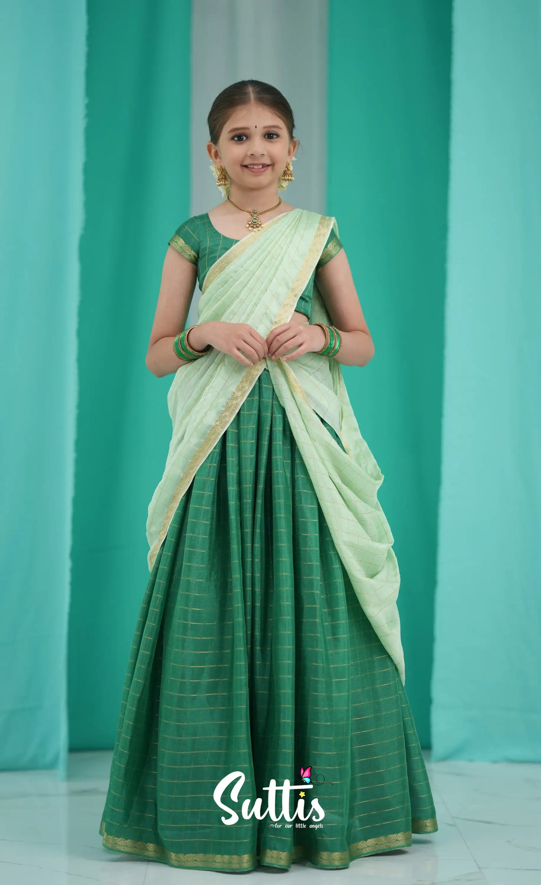 Kumaari Half Saree - Dark Green and Pastel Green Kids-Suttis