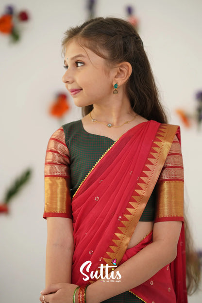 Kumaari Half Saree - Dark Manthalir Green And Red Kids - Suttis