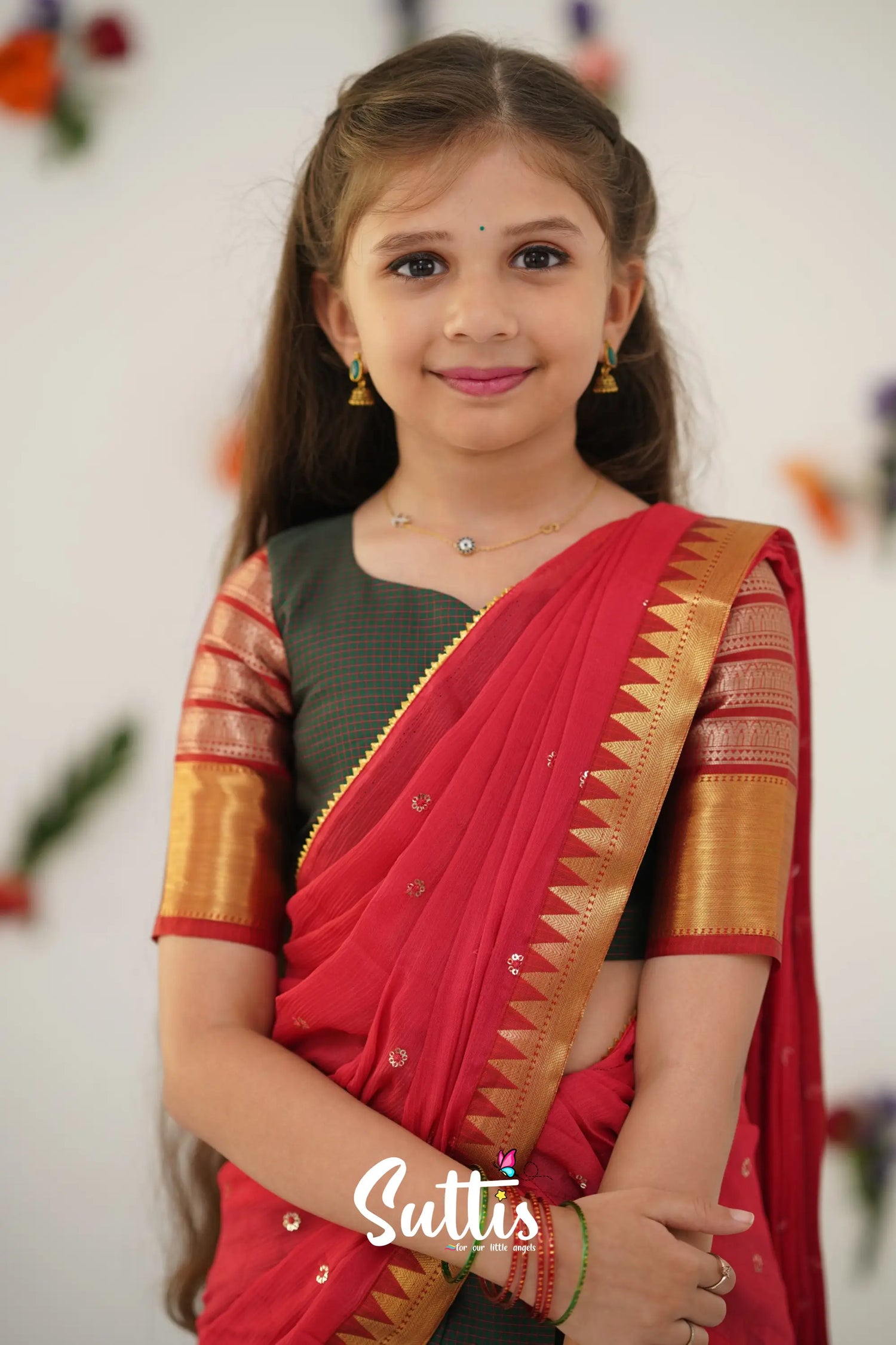 Kumaari Half Saree - Dark Manthalir Green And Red Kids - Suttis