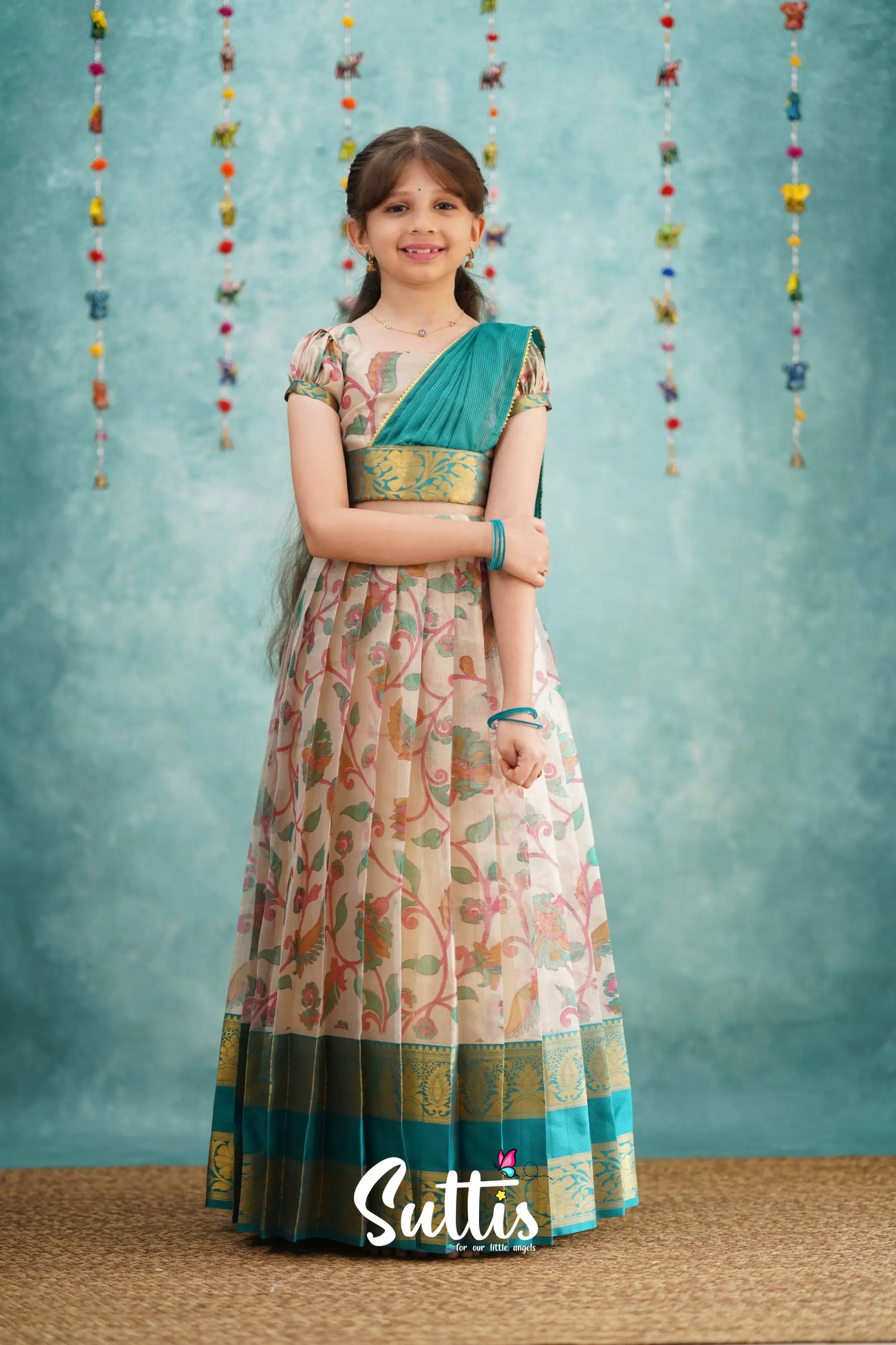 Kumaari Half Saree - Dark Teal Kids - Suttis