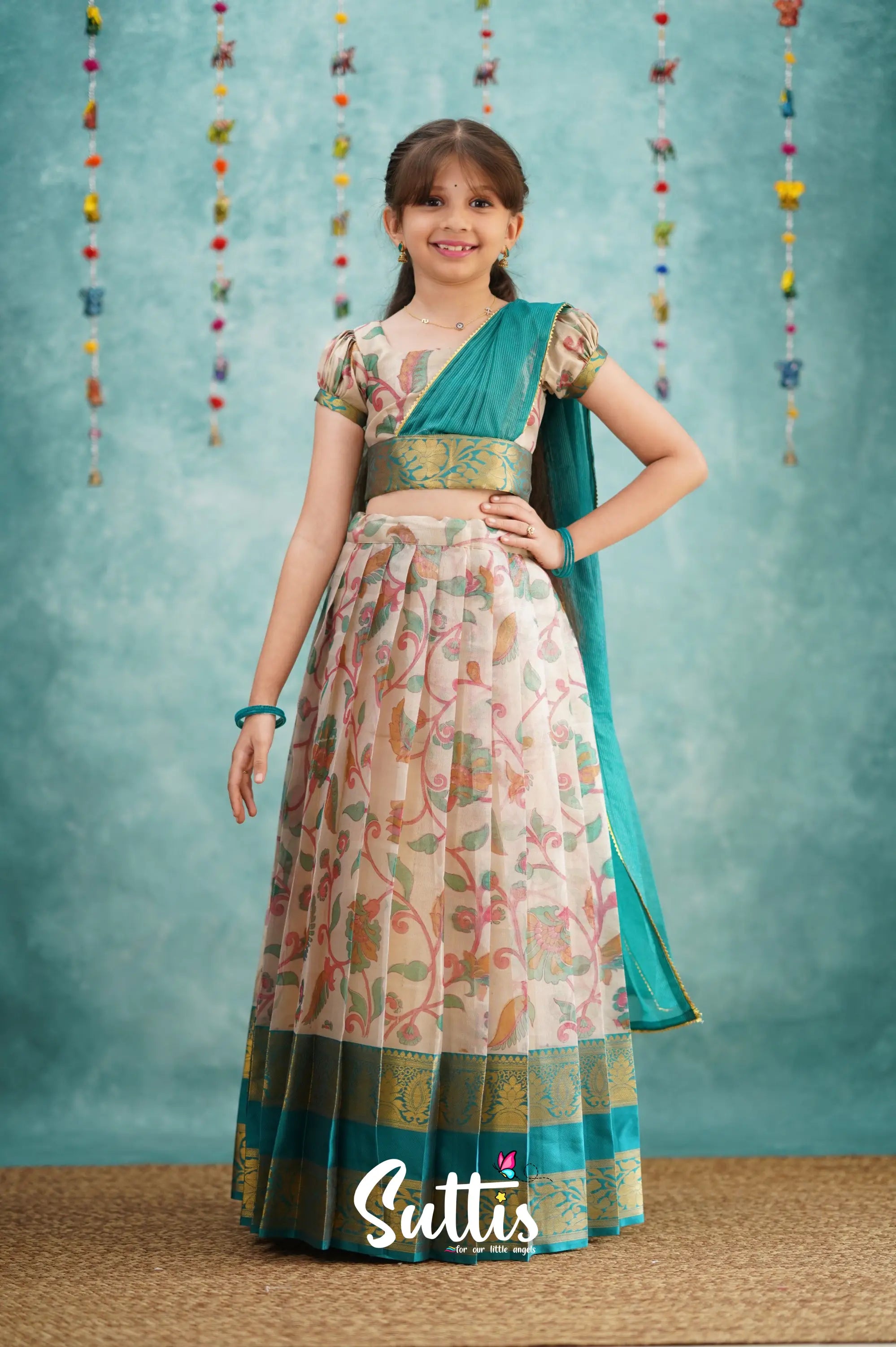 Kumaari Half Saree - Dark Teal Kids - Suttis
