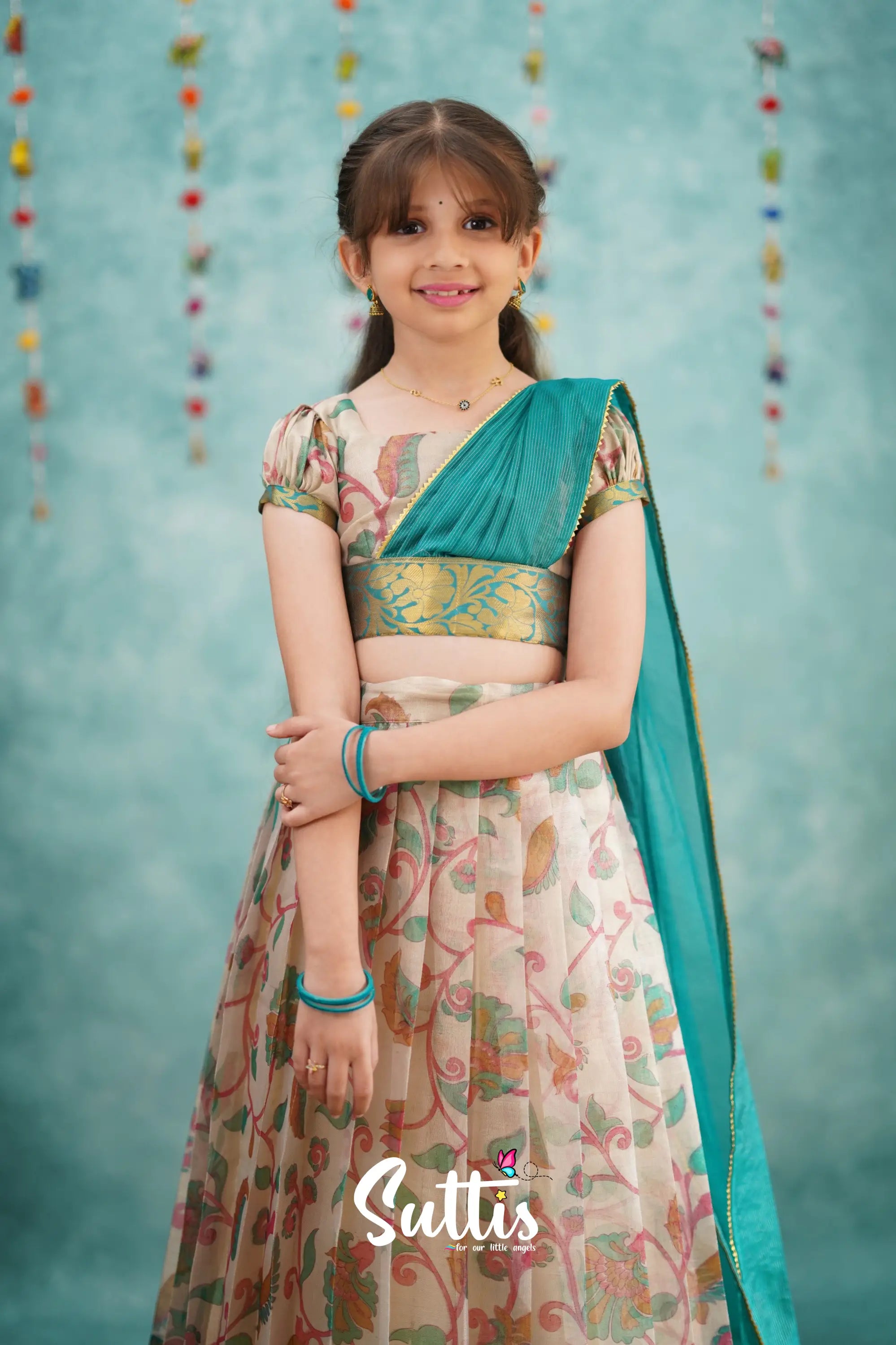 Kumaari Half Saree - Dark Teal Kids - Suttis