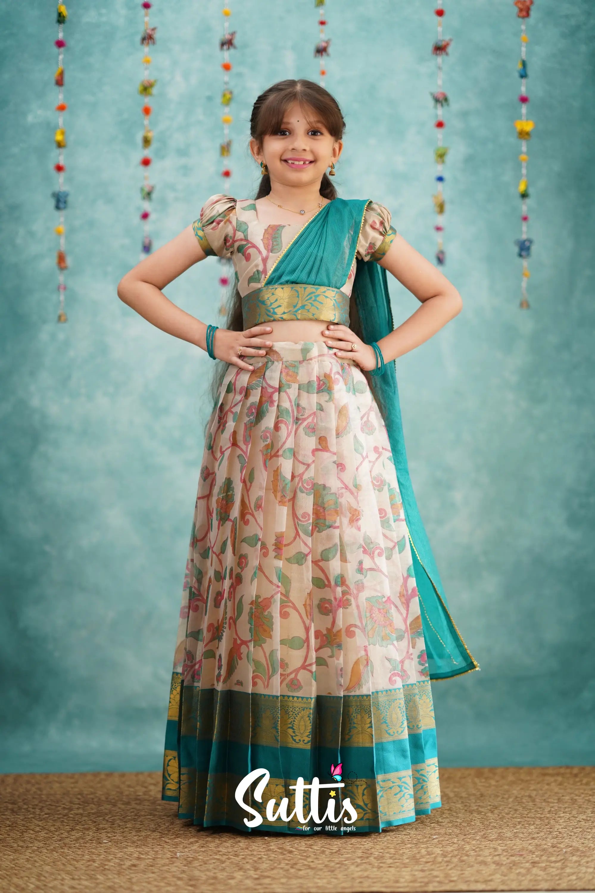 Kumaari Half Saree - Dark Teal Kids - Suttis