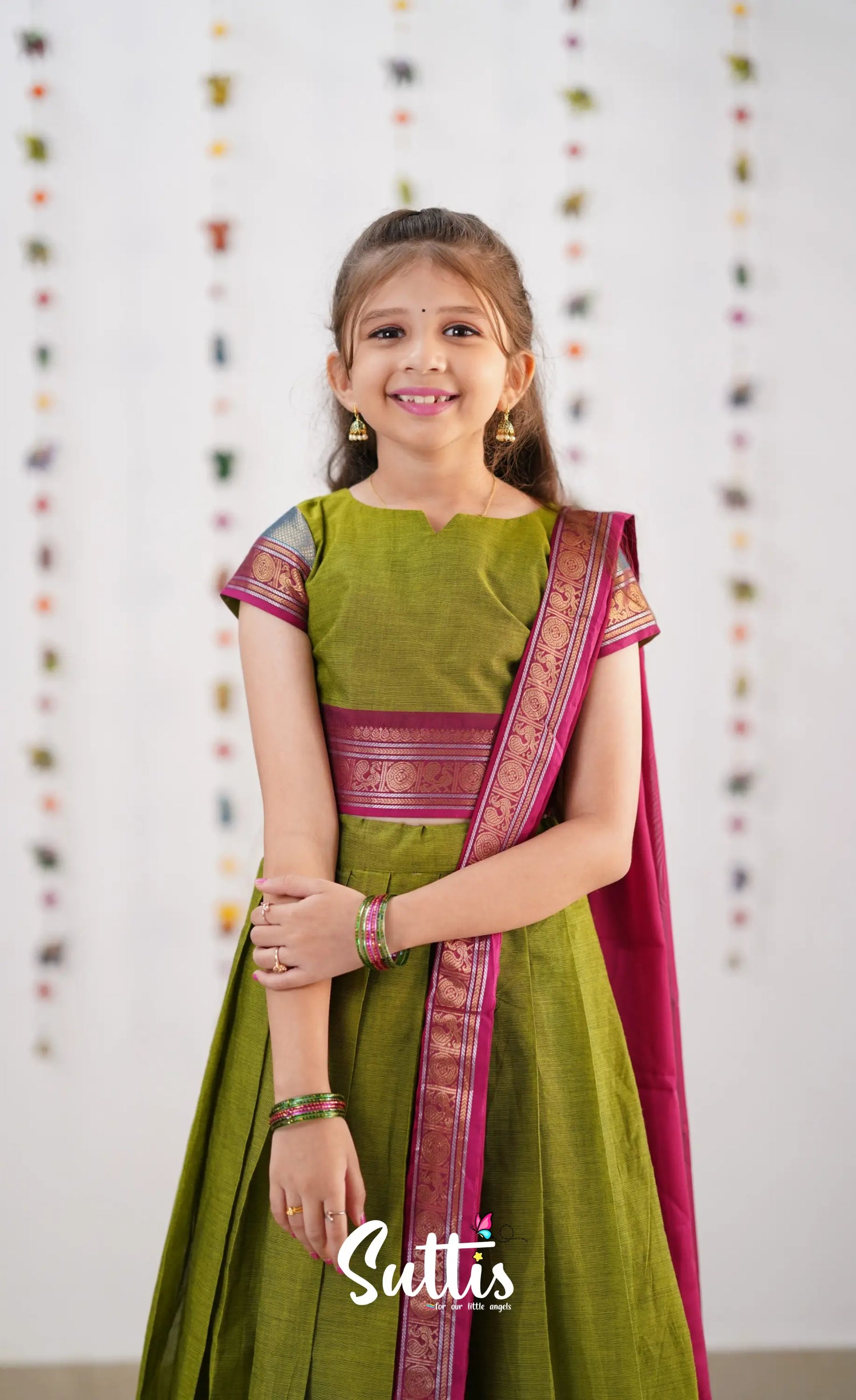 Kumaari Half Saree - Green &amp; Magenta Kids-Suttis