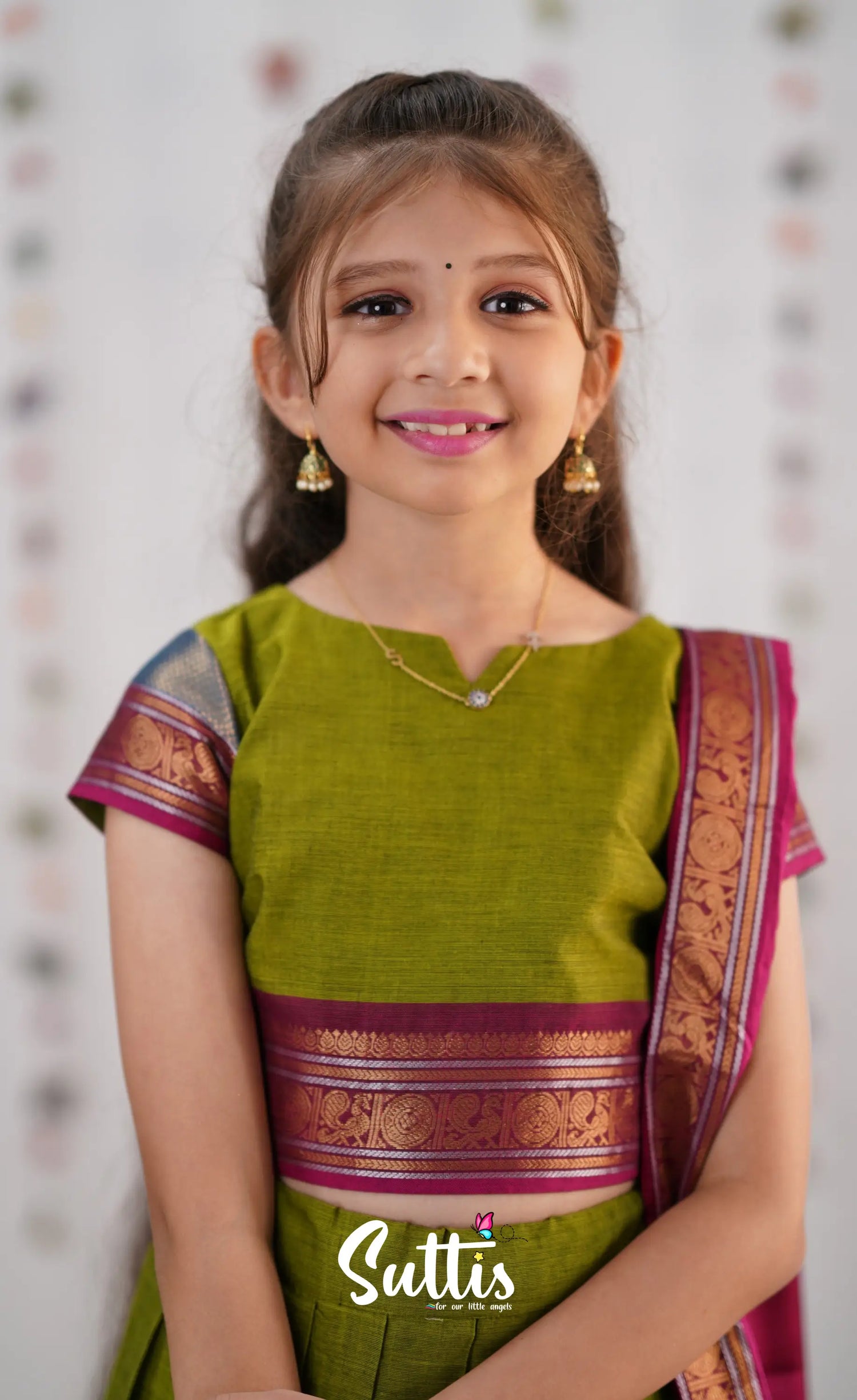 Kumaari Half Saree - Green &amp; Magenta Kids-Suttis