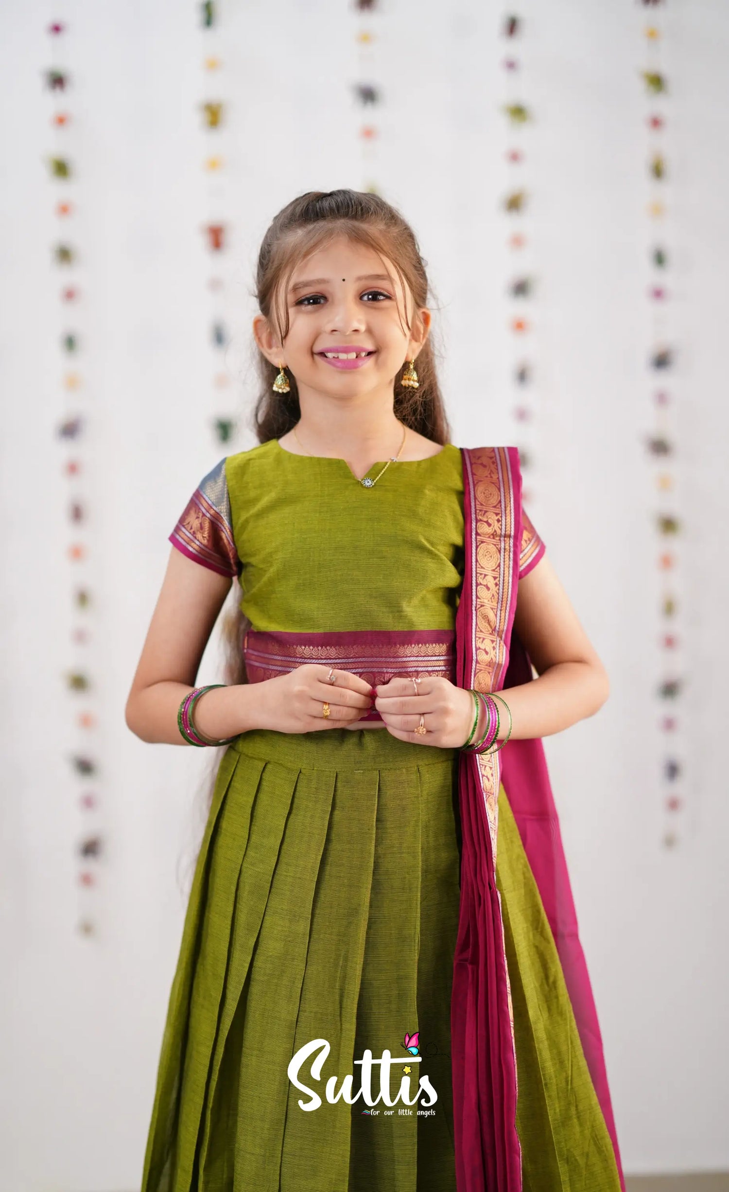 Kumaari Half Saree - Green &amp; Magenta Kids-Suttis