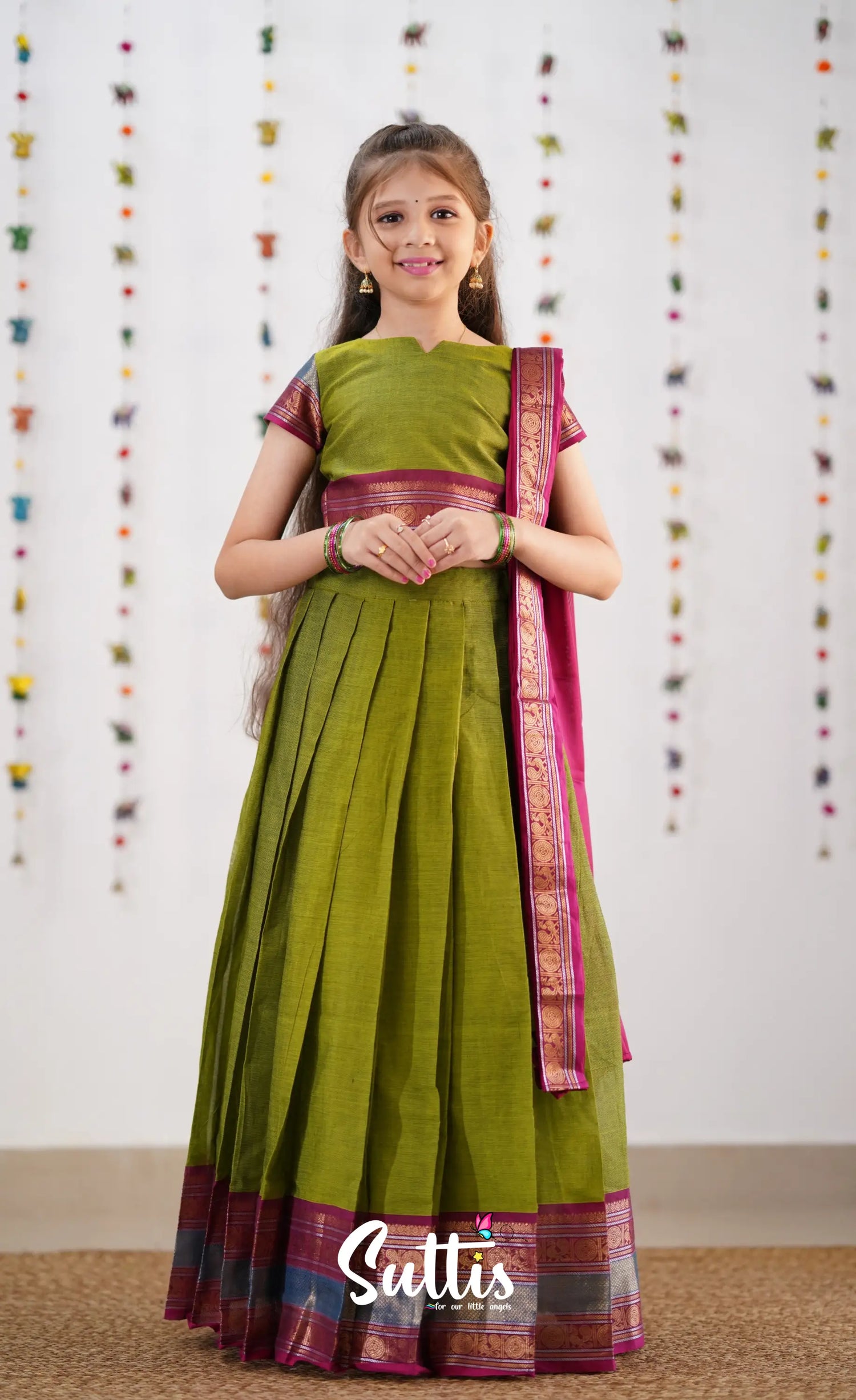 Kumaari Half Saree - Green &amp; Magenta Kids-Suttis