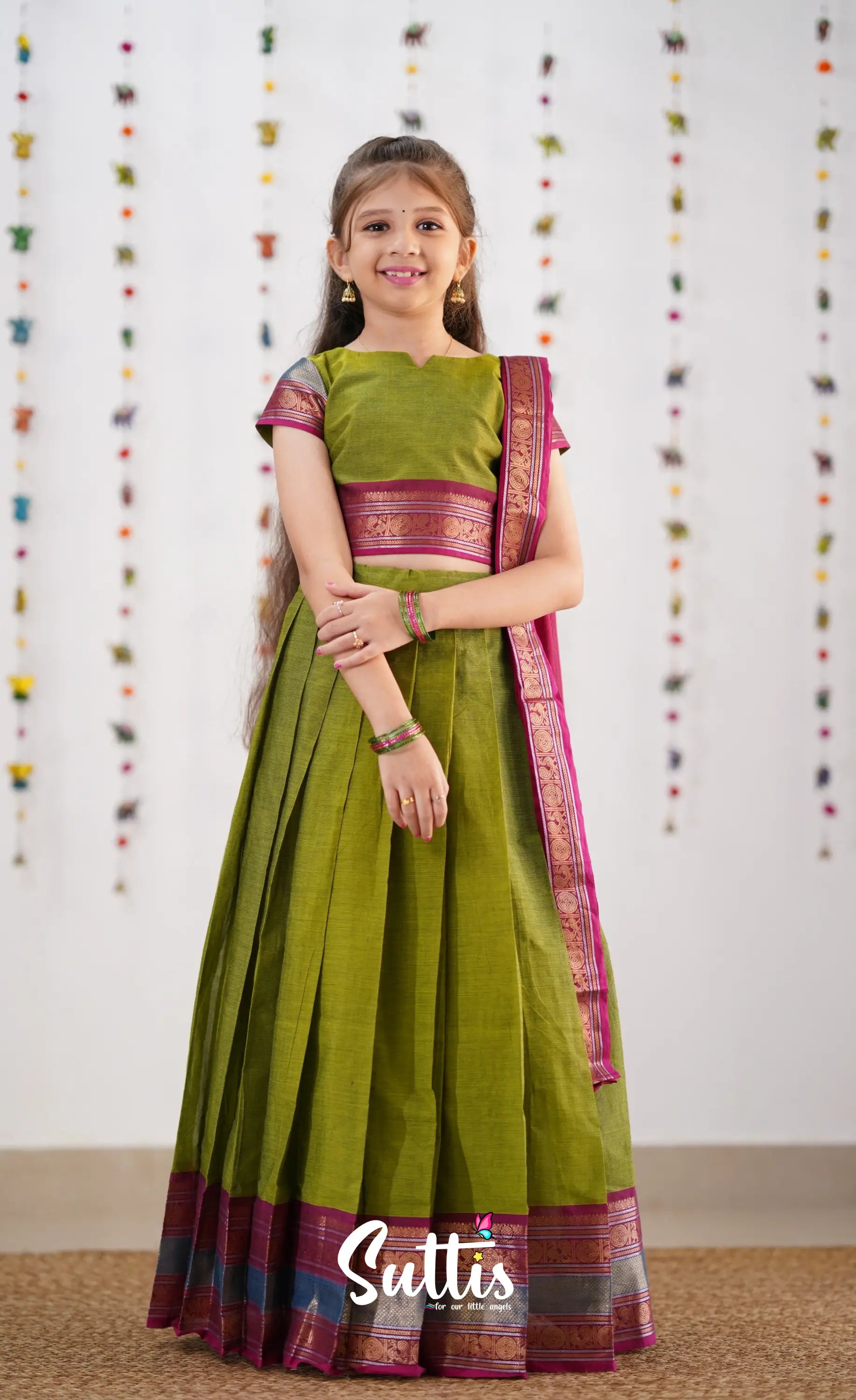 Kumaari Half Saree - Green &amp; Magenta Kids-Suttis