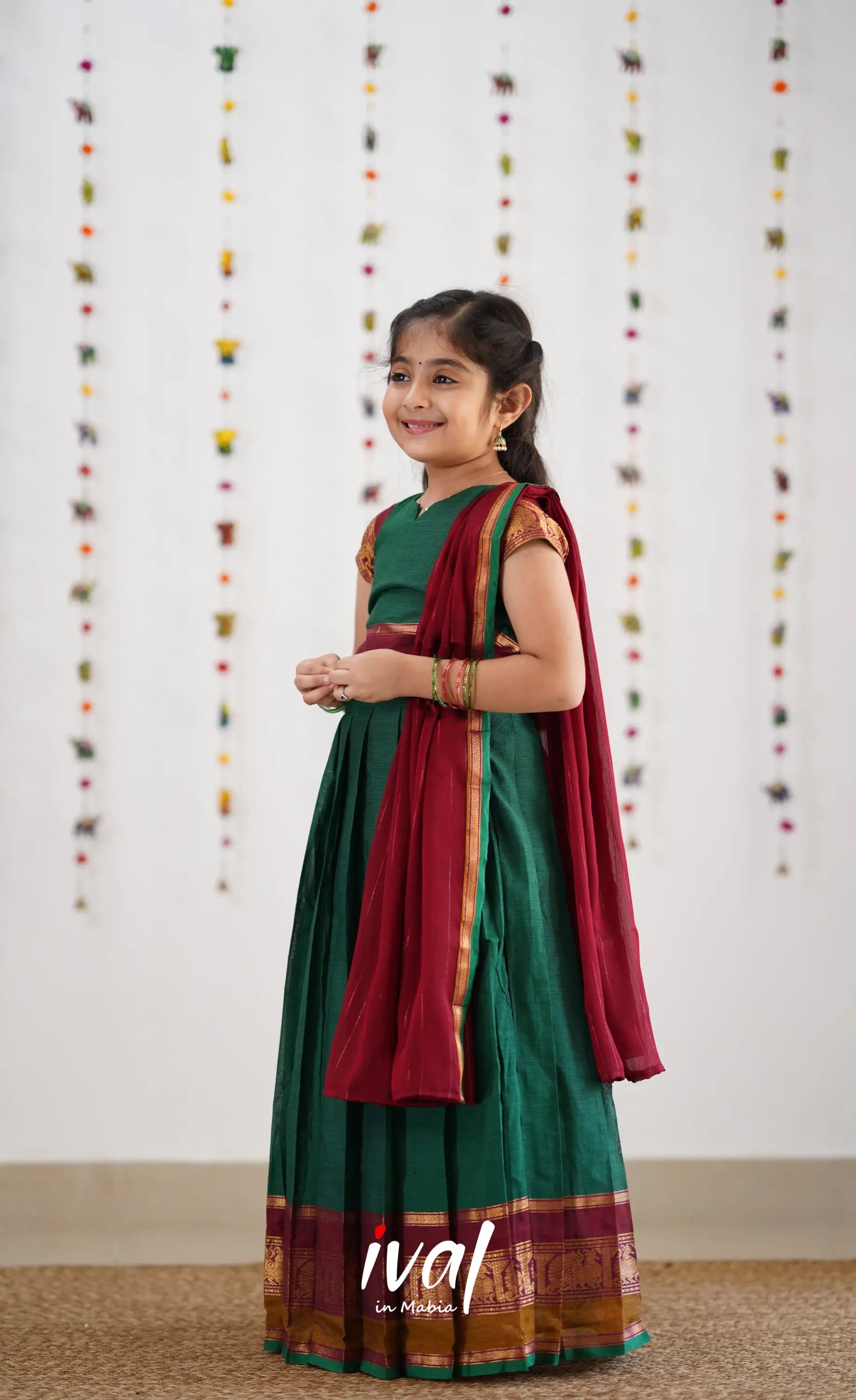 Kumaari Half Saree -Green &amp; Reddish Maroon Kids-Suttis