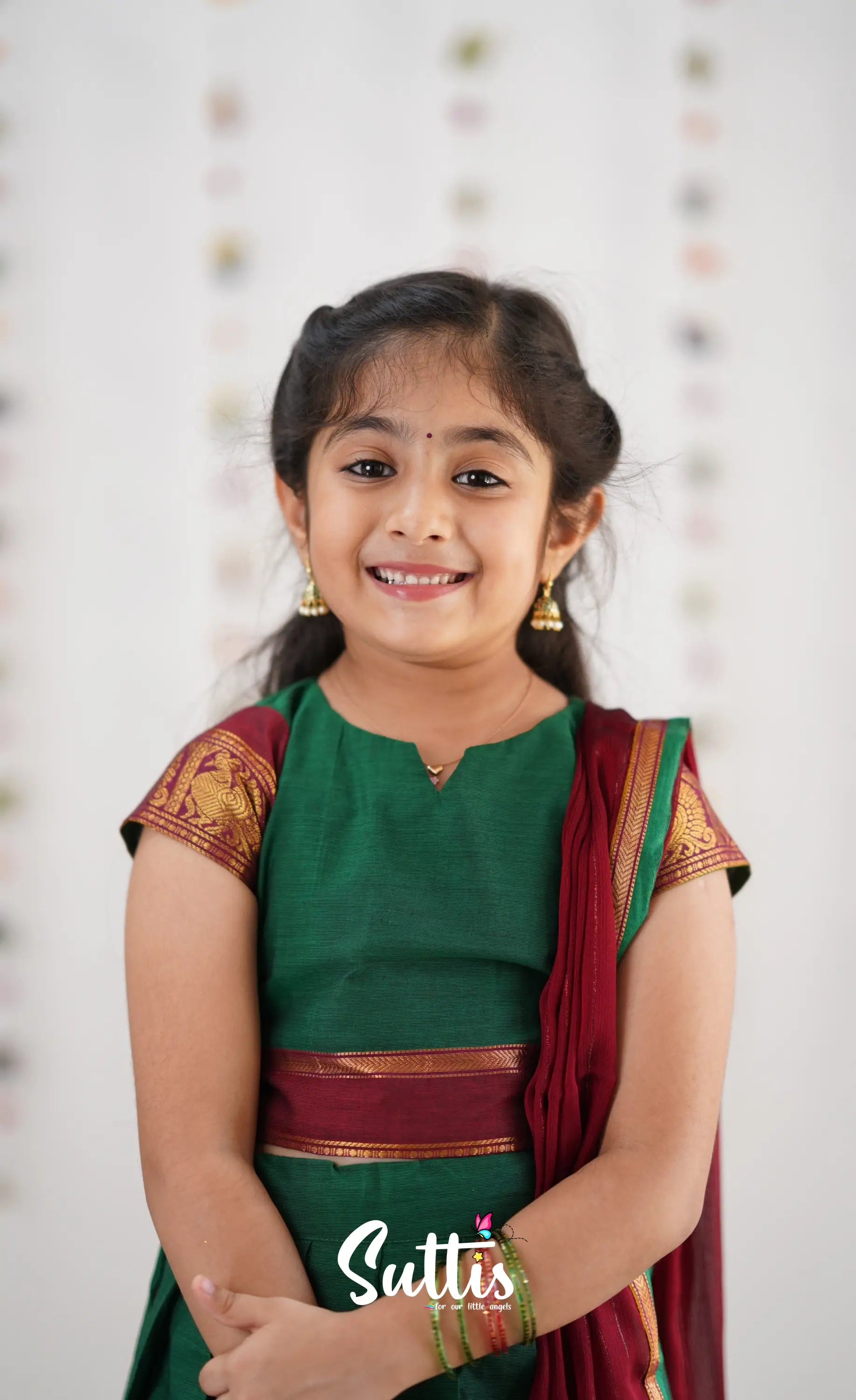 Kumaari Half Saree -Green &amp; Reddish Maroon Kids-Suttis