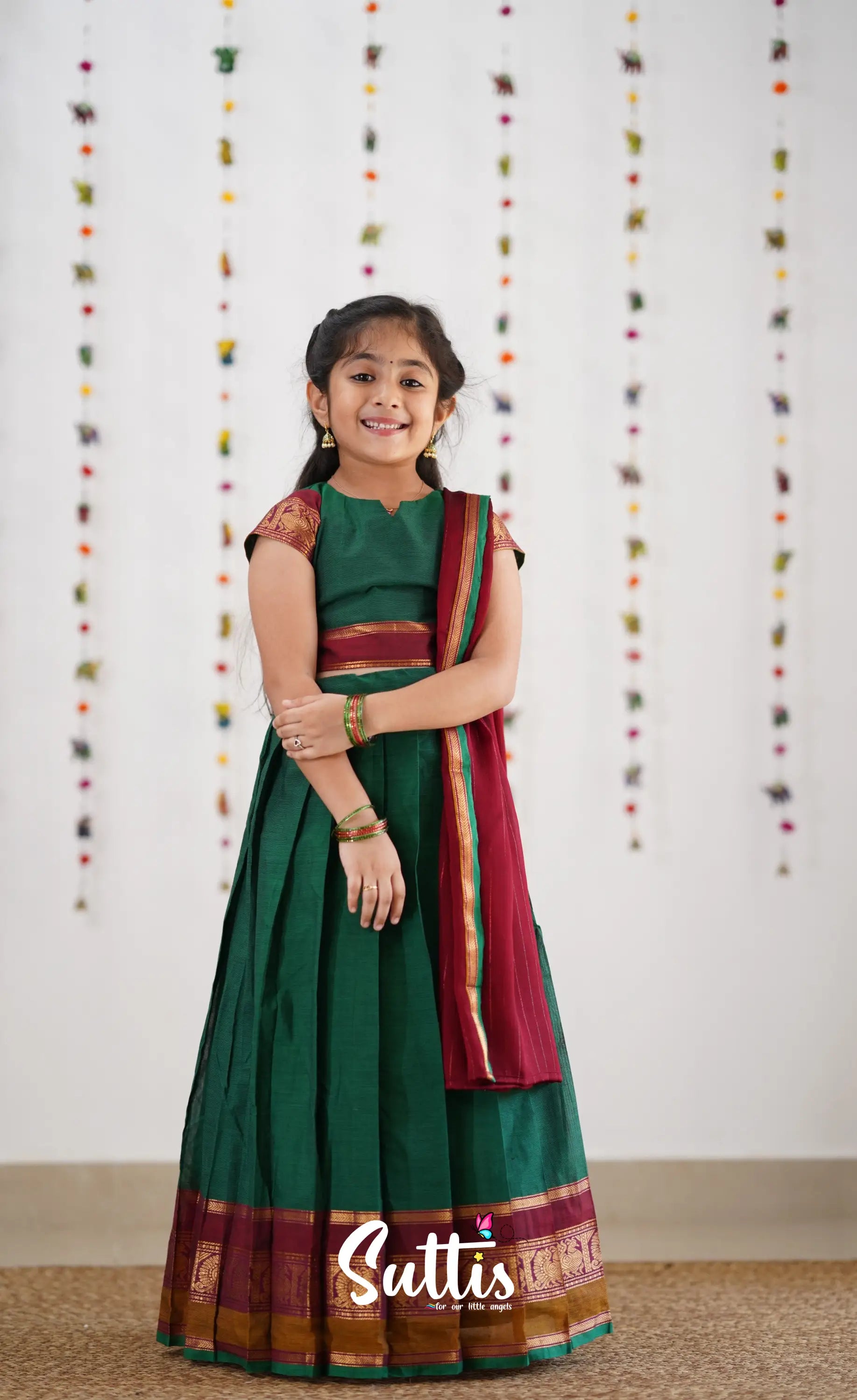 Kumaari Half Saree -Green &amp; Reddish Maroon Kids-Suttis