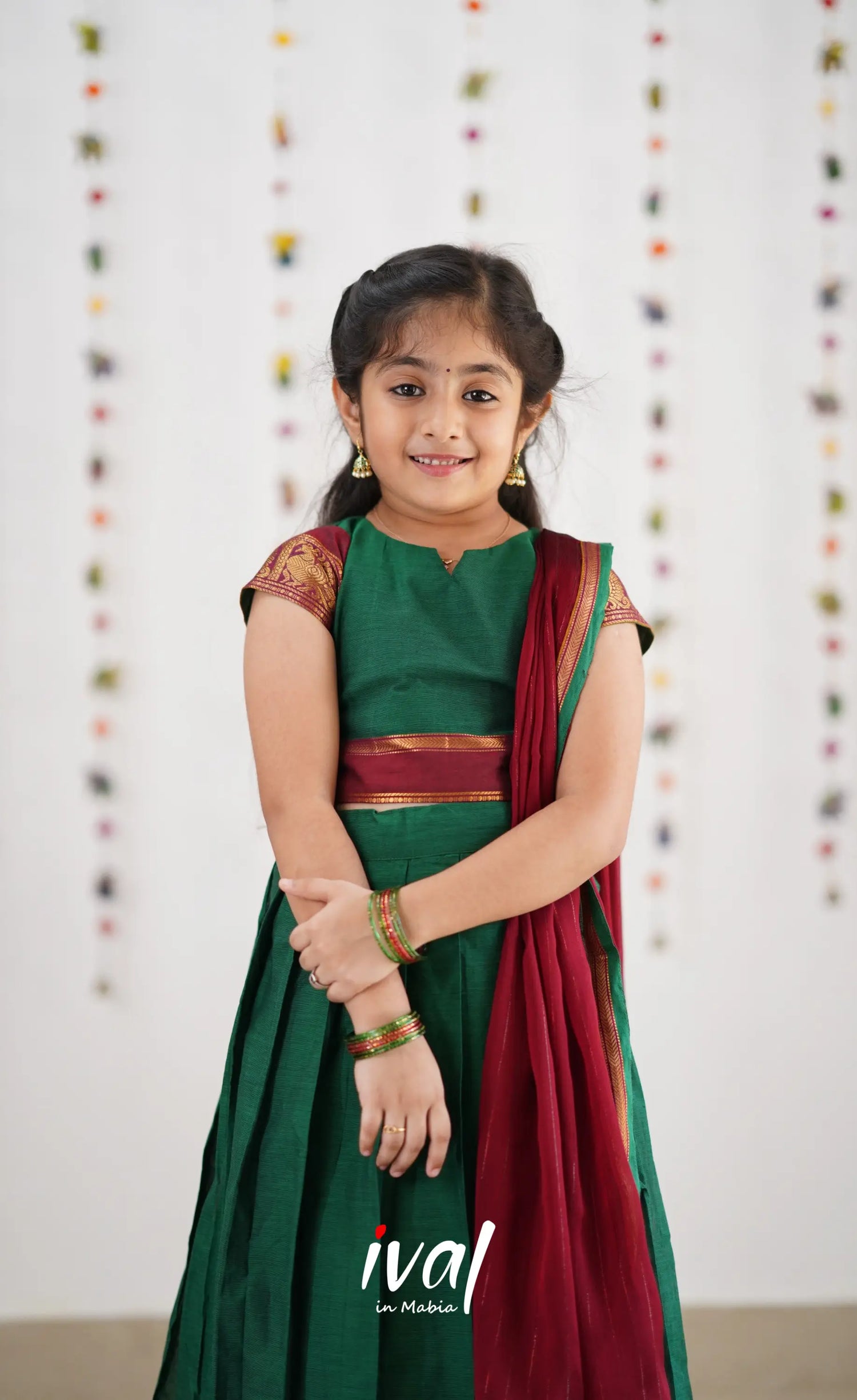 Kumaari Half Saree -Green &amp; Reddish Maroon Kids-Suttis