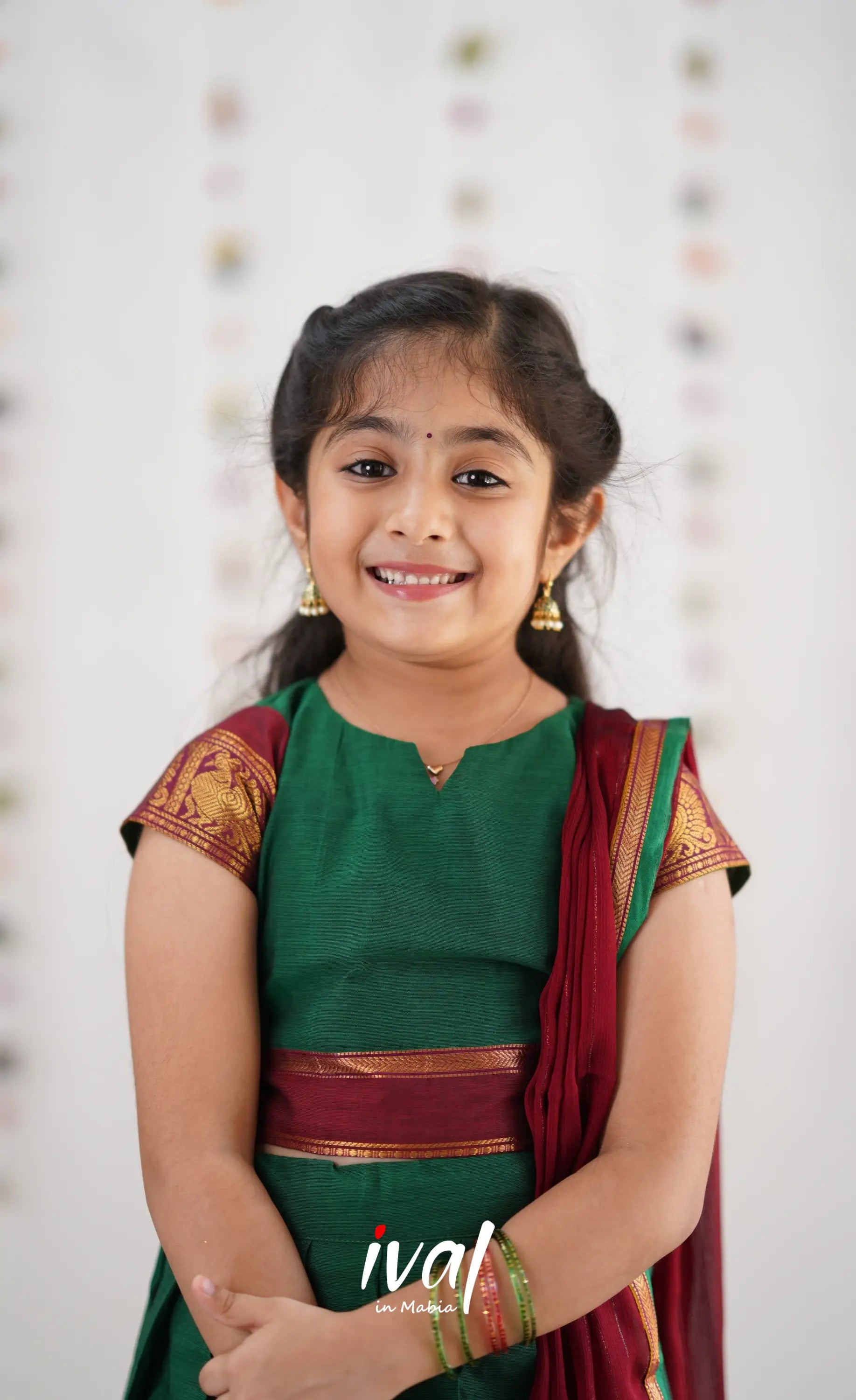 Kumaari Half Saree -Green &amp; Reddish Maroon Kids-Suttis