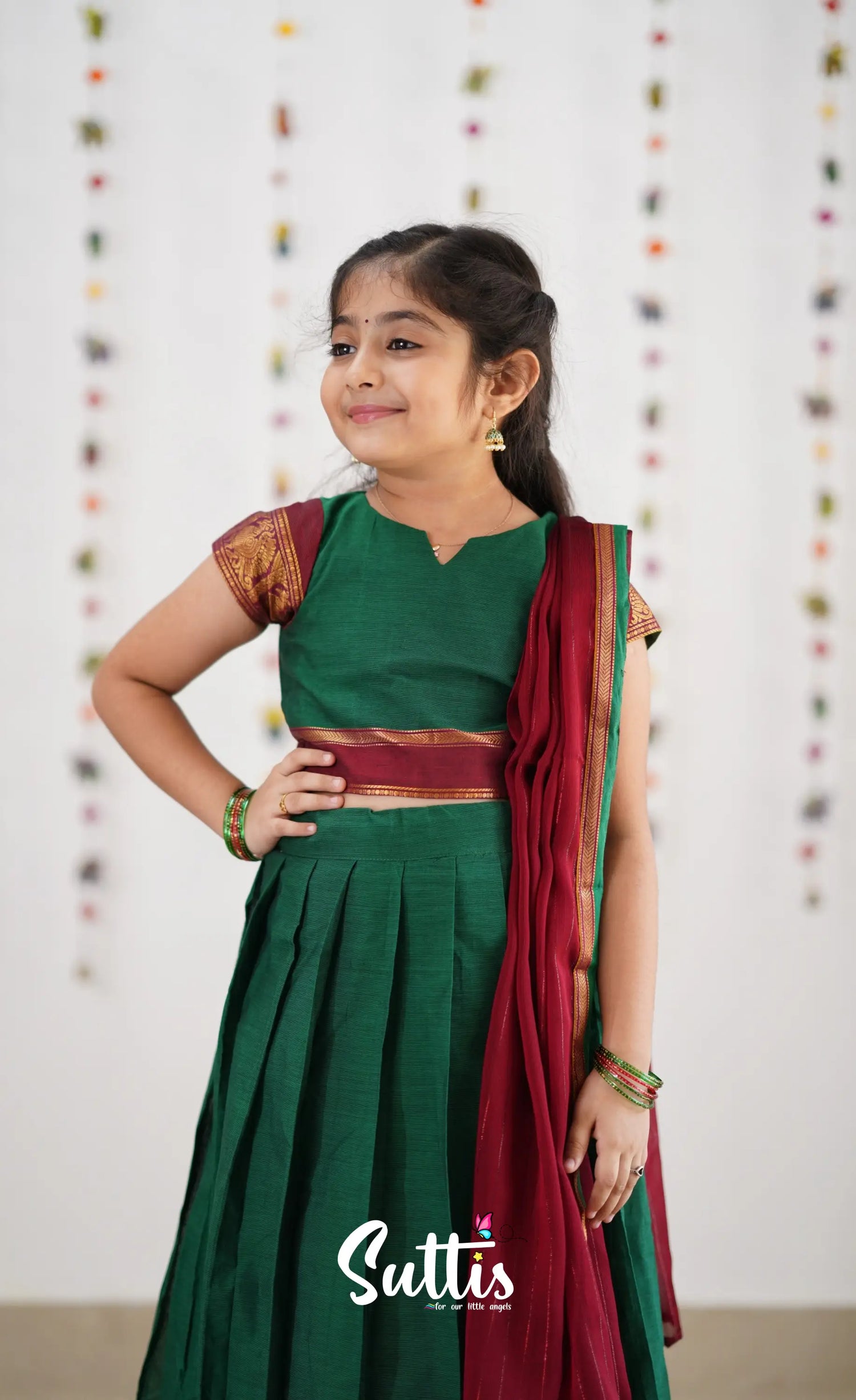 Kumaari Half Saree -Green &amp; Reddish Maroon Kids-Suttis