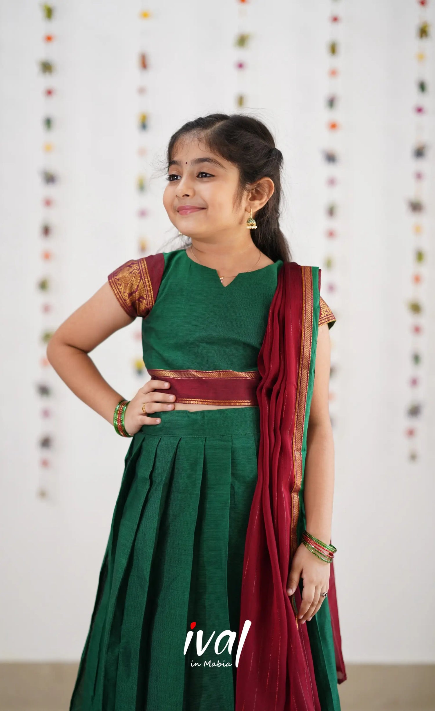 Kumaari Half Saree -Green &amp; Reddish Maroon Kids-Suttis