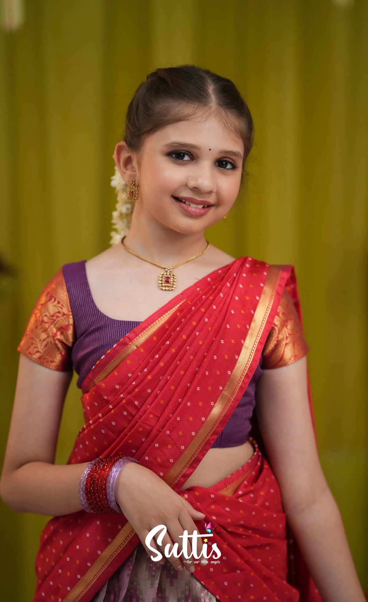 Kumaari Half Saree - Lavender and Bright red - Kids-Suttis