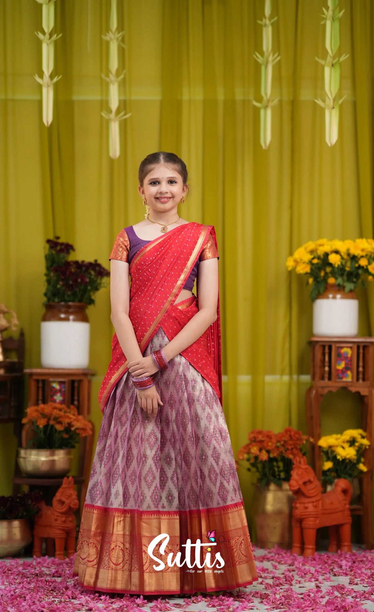 Kumaari Half Saree - Lavender and Bright red - Kids-Suttis