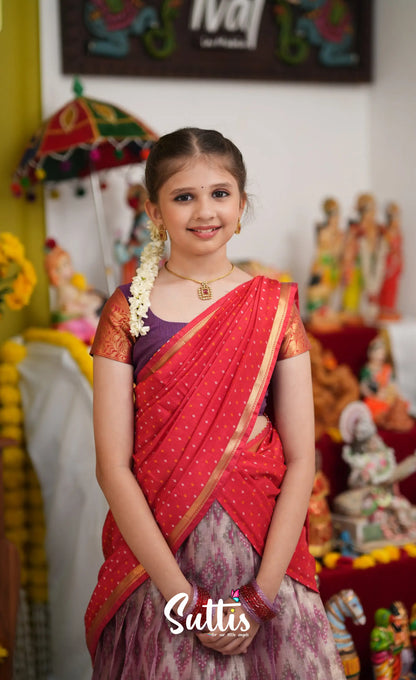 Kumaari Half Saree - Lavender and Bright red - Kids-Suttis