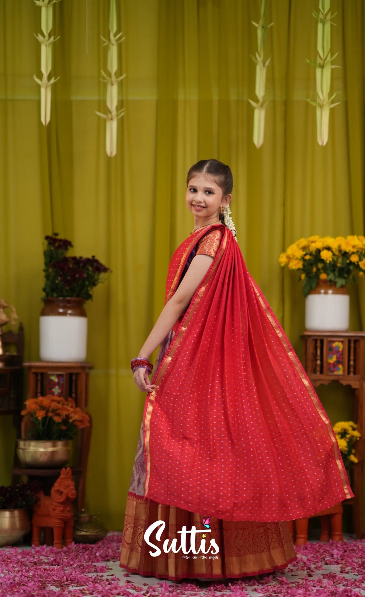 Kumaari Half Saree - Lavender and Bright red - Kids-Suttis