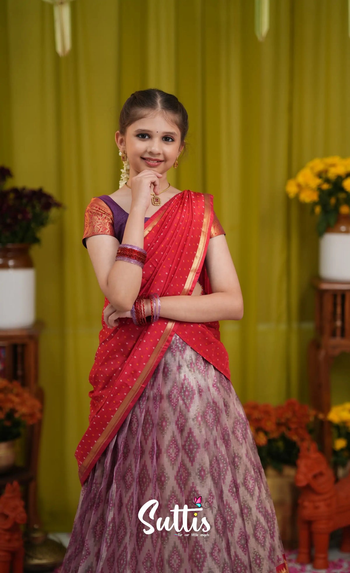Kumaari Half Saree - Lavender and Bright red - Kids-Suttis