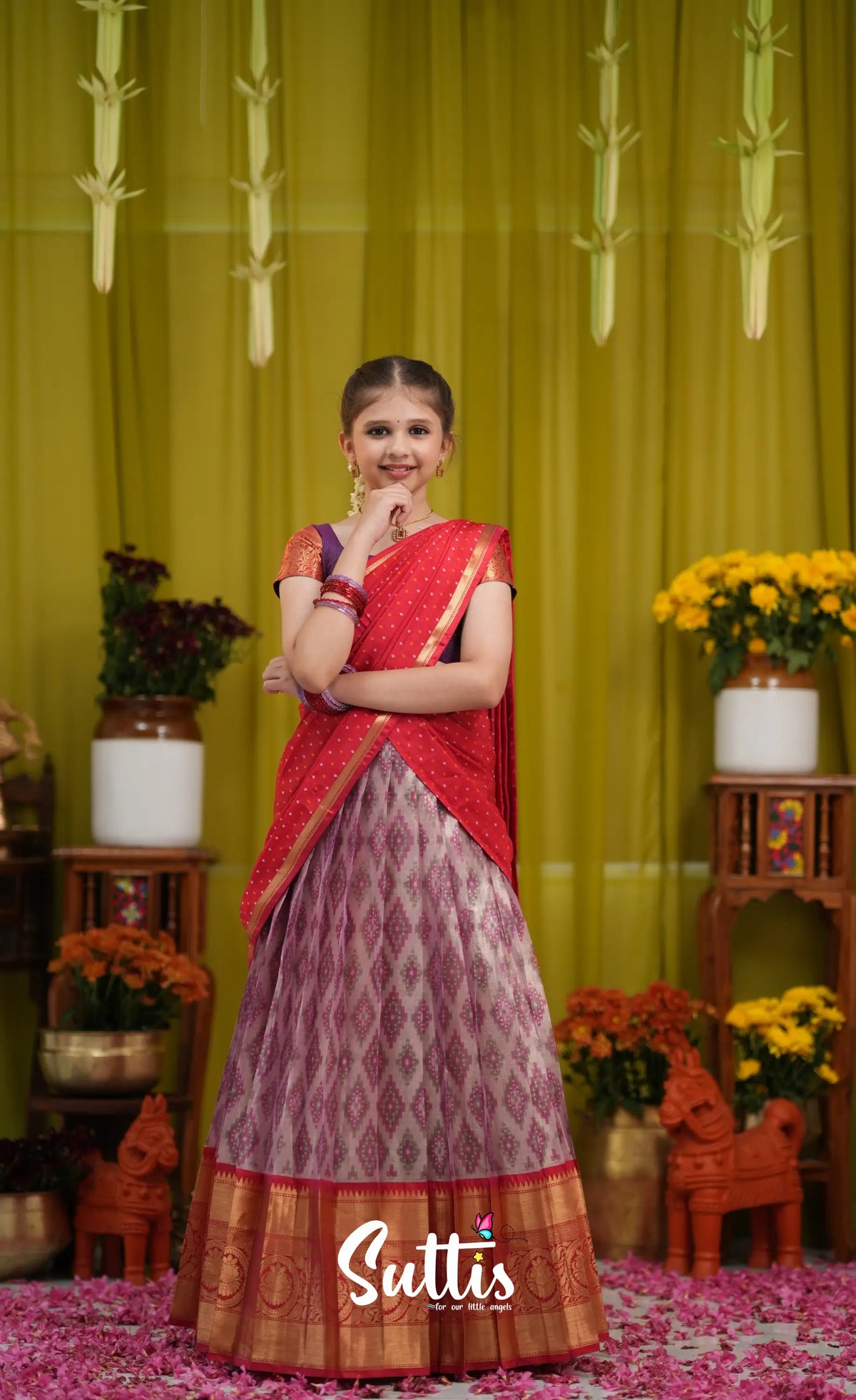Kumaari Half Saree - Lavender and Bright red - Kids-Suttis