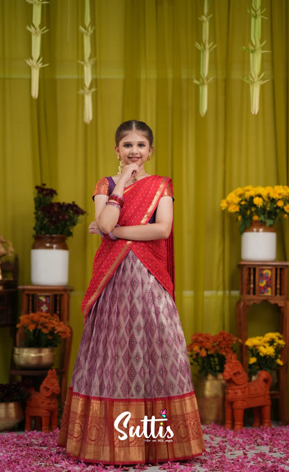 Kumaari Half Saree - Lavender and Bright red - Kids-Suttis