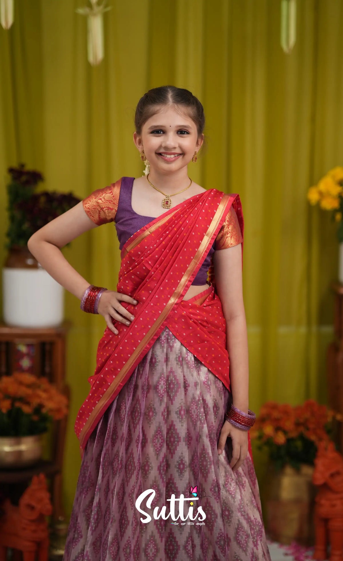 Kumaari Half Saree - Lavender and Bright red - Kids-Suttis