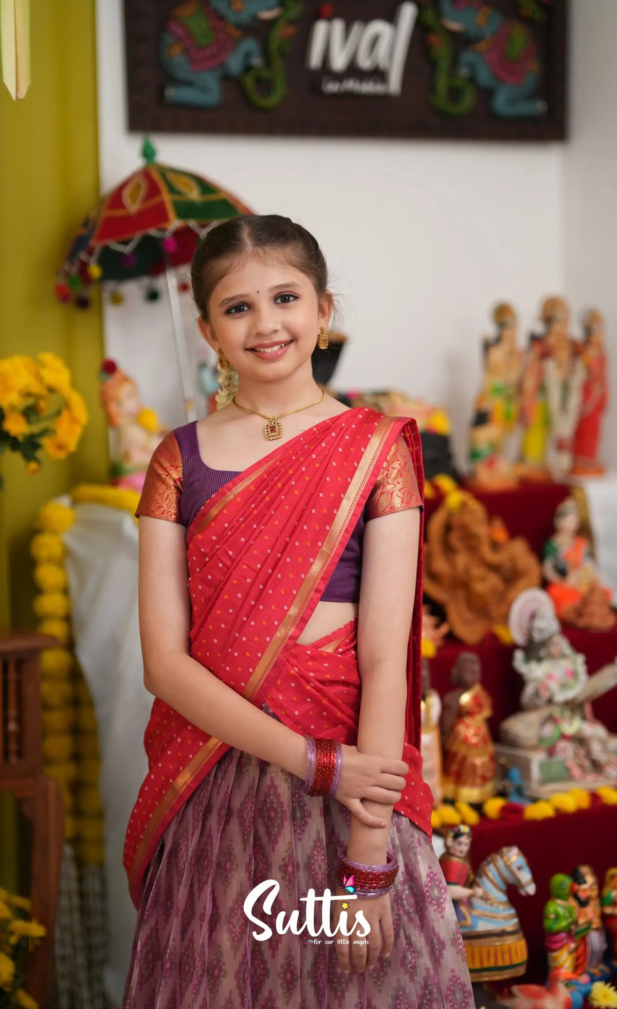 Kumaari Half Saree - Lavender and Bright red - Kids-Suttis