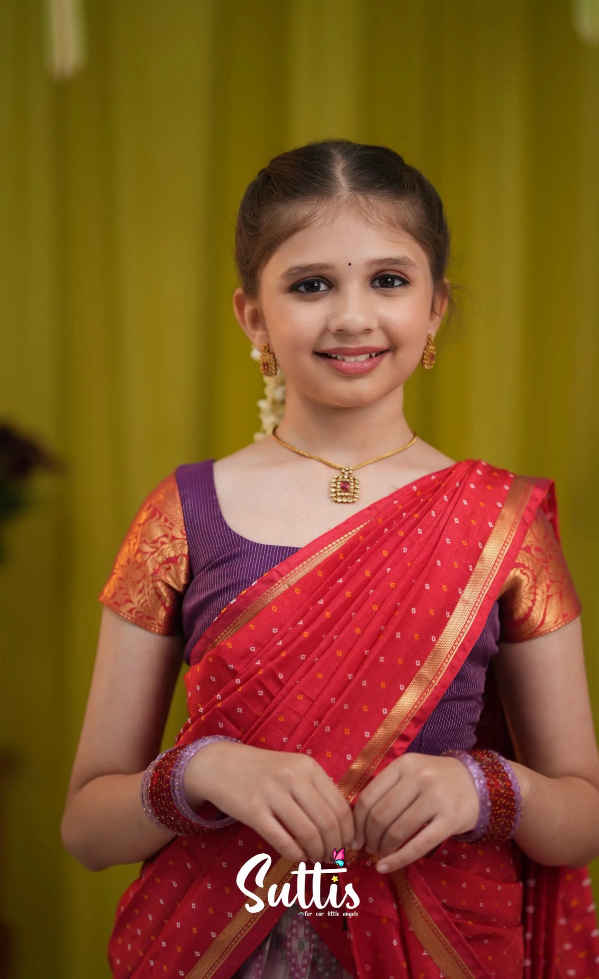 Kumaari Half Saree - Lavender and Bright red - Kids-Suttis