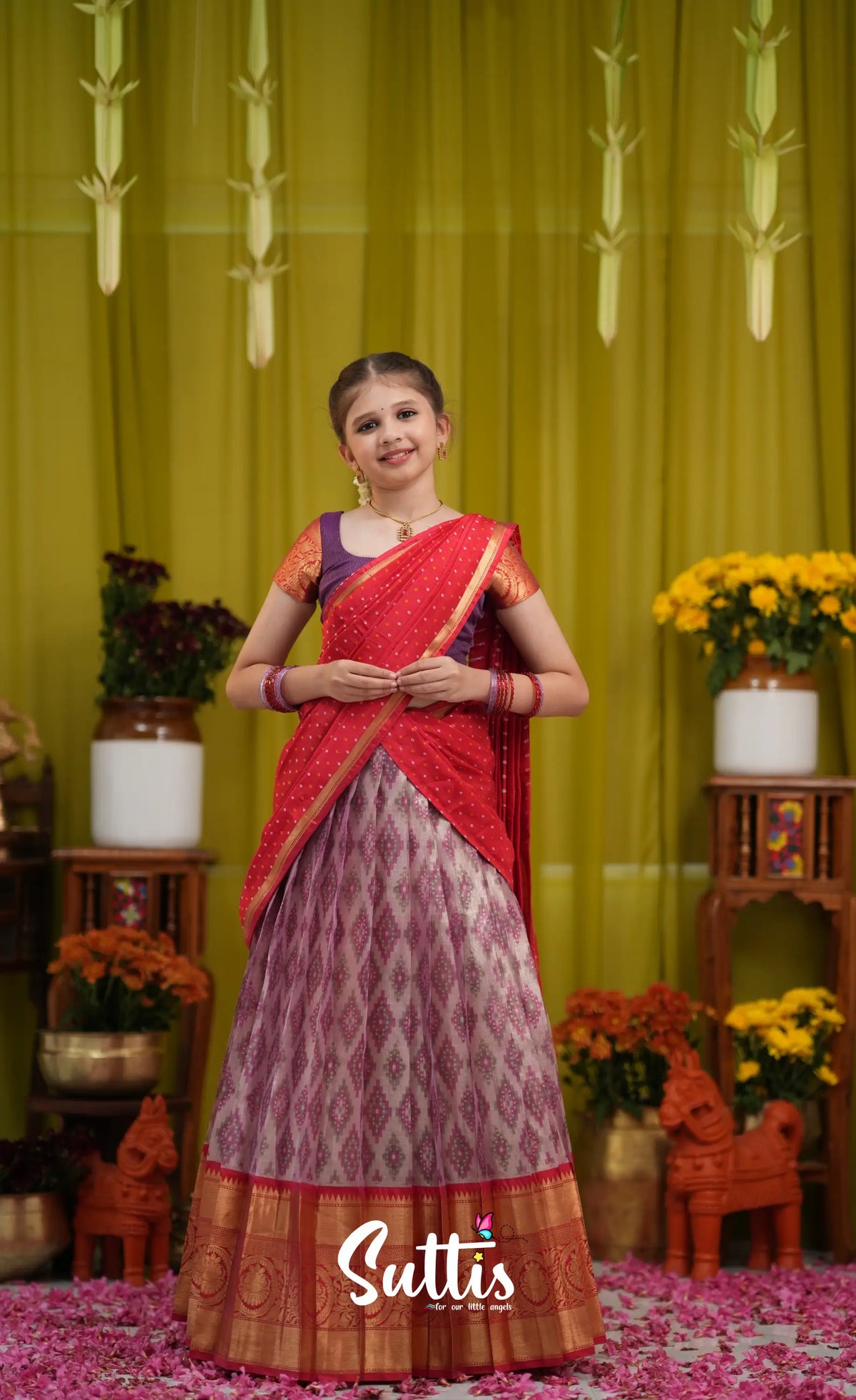 Kumaari Half Saree - Lavender and Bright red - Kids-Suttis