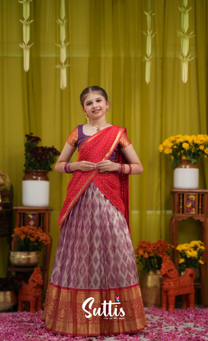 Kumaari Half Saree - Lavender and Bright red - Kids-Suttis