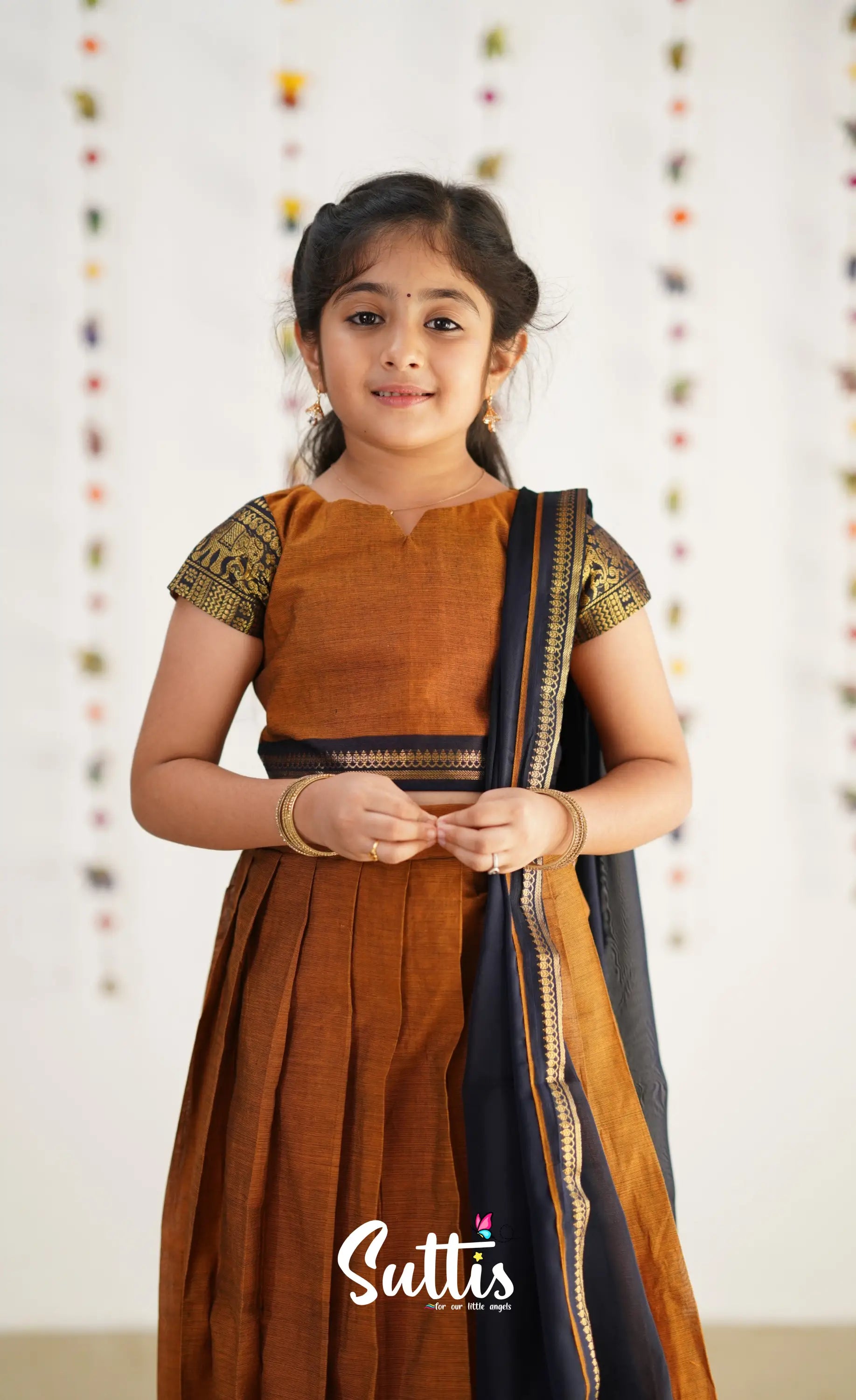 Kumaari Half Saree - Light Brown &amp; Navy Blue Kids-Suttis