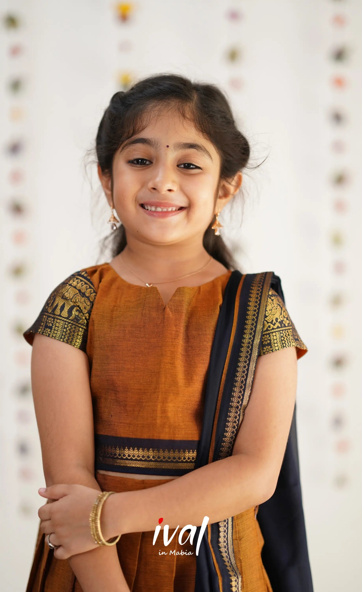 Kumaari Half Saree - Light Brown &amp; Navy Blue Kids-Suttis