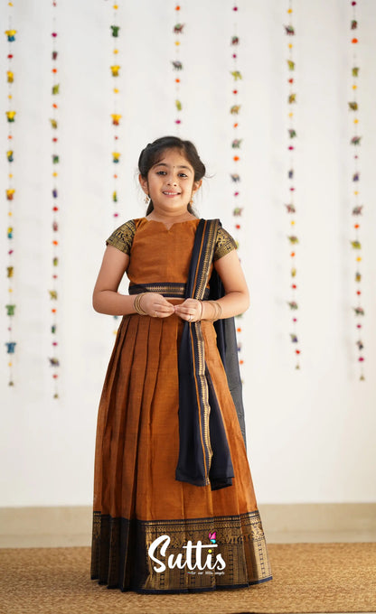 Kumaari Half Saree - Light Brown &amp; Navy Blue Kids-Suttis